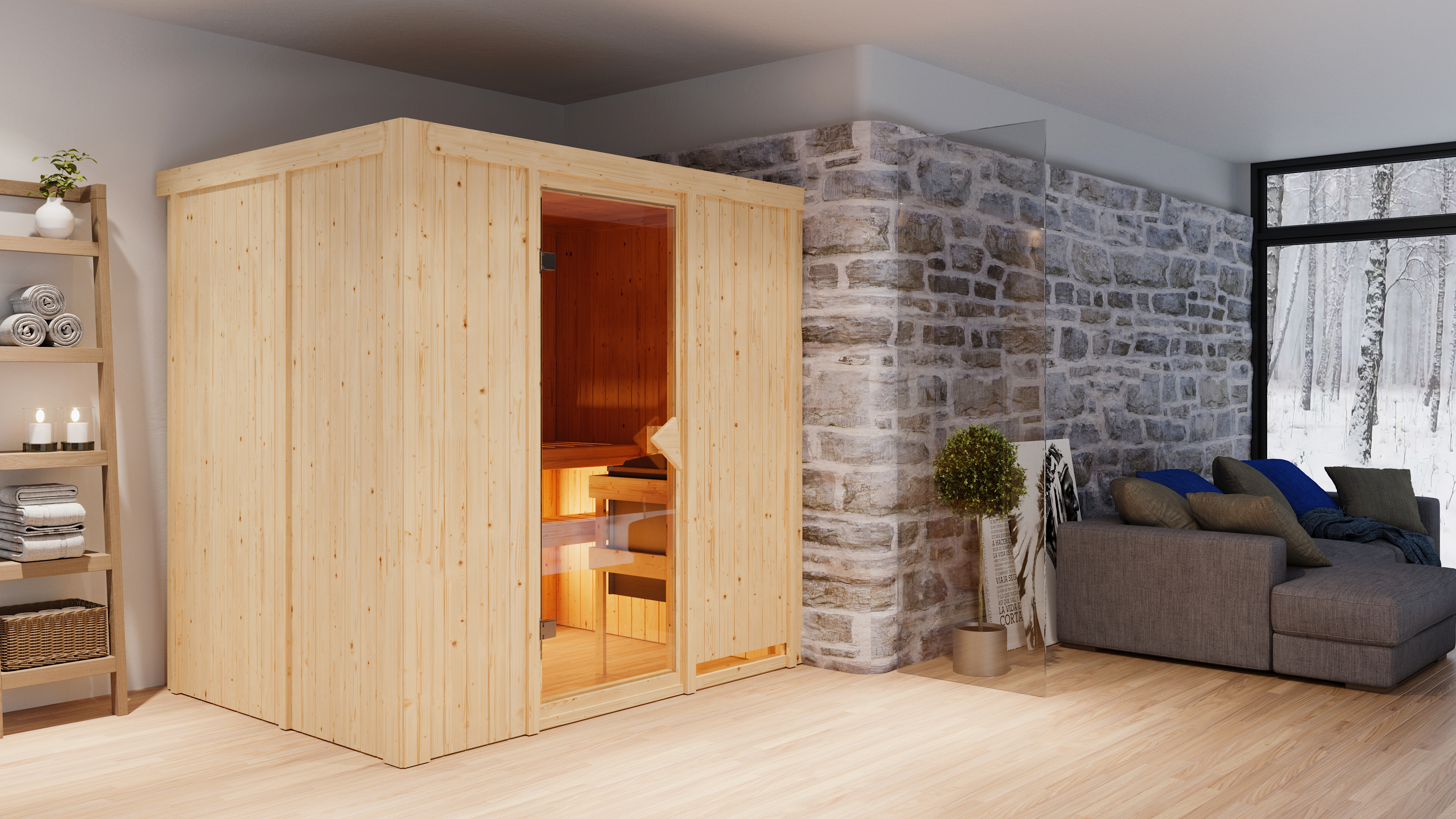 Karibu Sauna Bodin als stimmungsvoller Wellnessbereich in einem modern eingerichteten Wohnraum