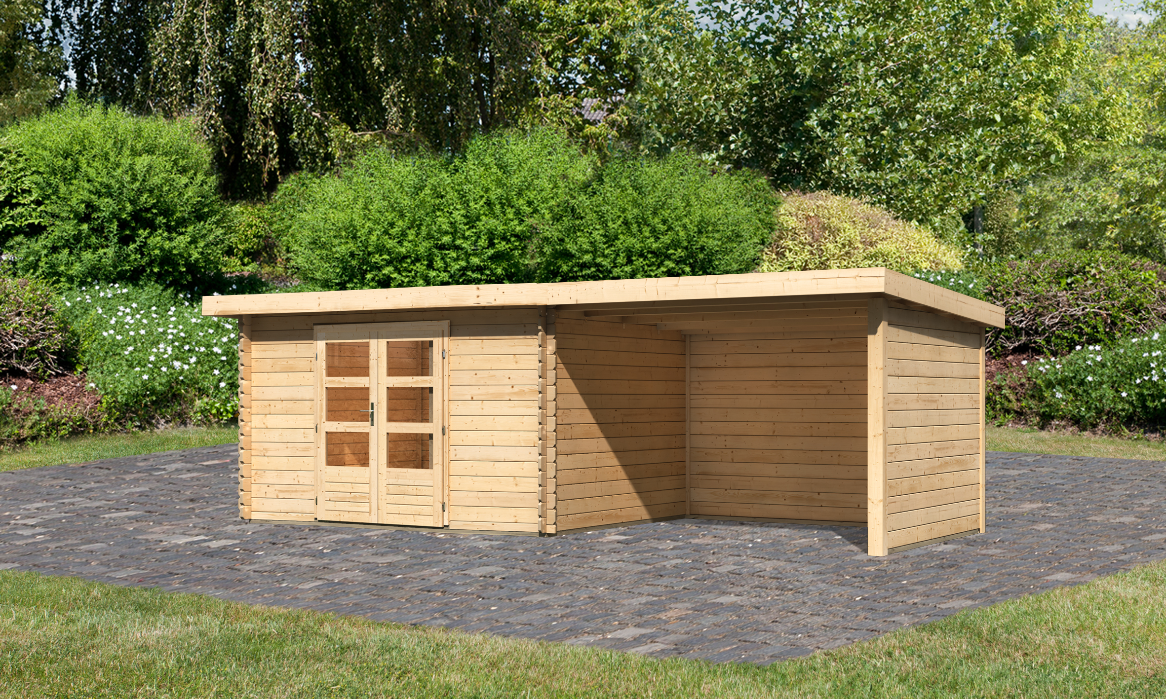 Karibu Gartenhaus Bastrup 7 in Naturbelassen und Anbaudach, Außenansicht