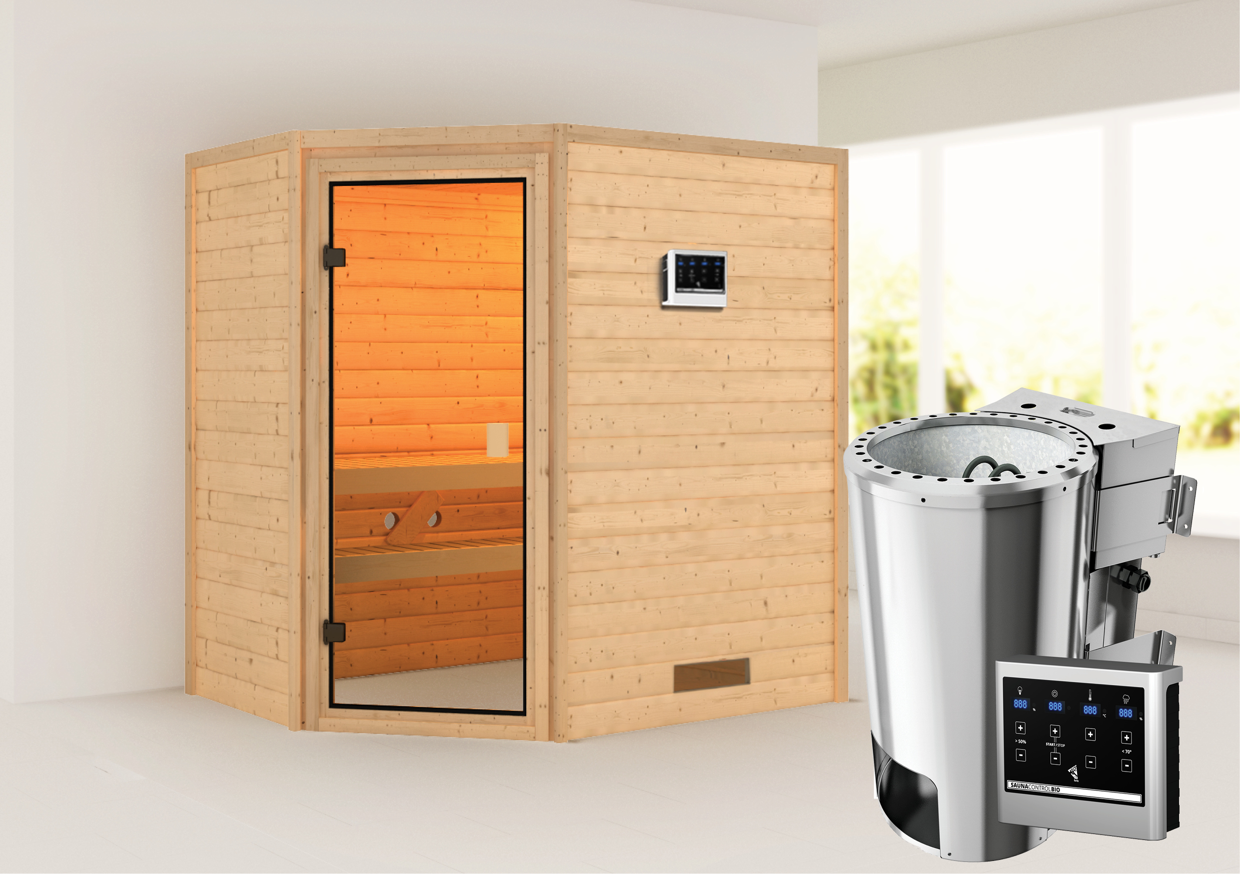 Außenansicht der Karibu Sauna Jella aus nordischer Fichte mit Ganzglastür und Fronteinstieg