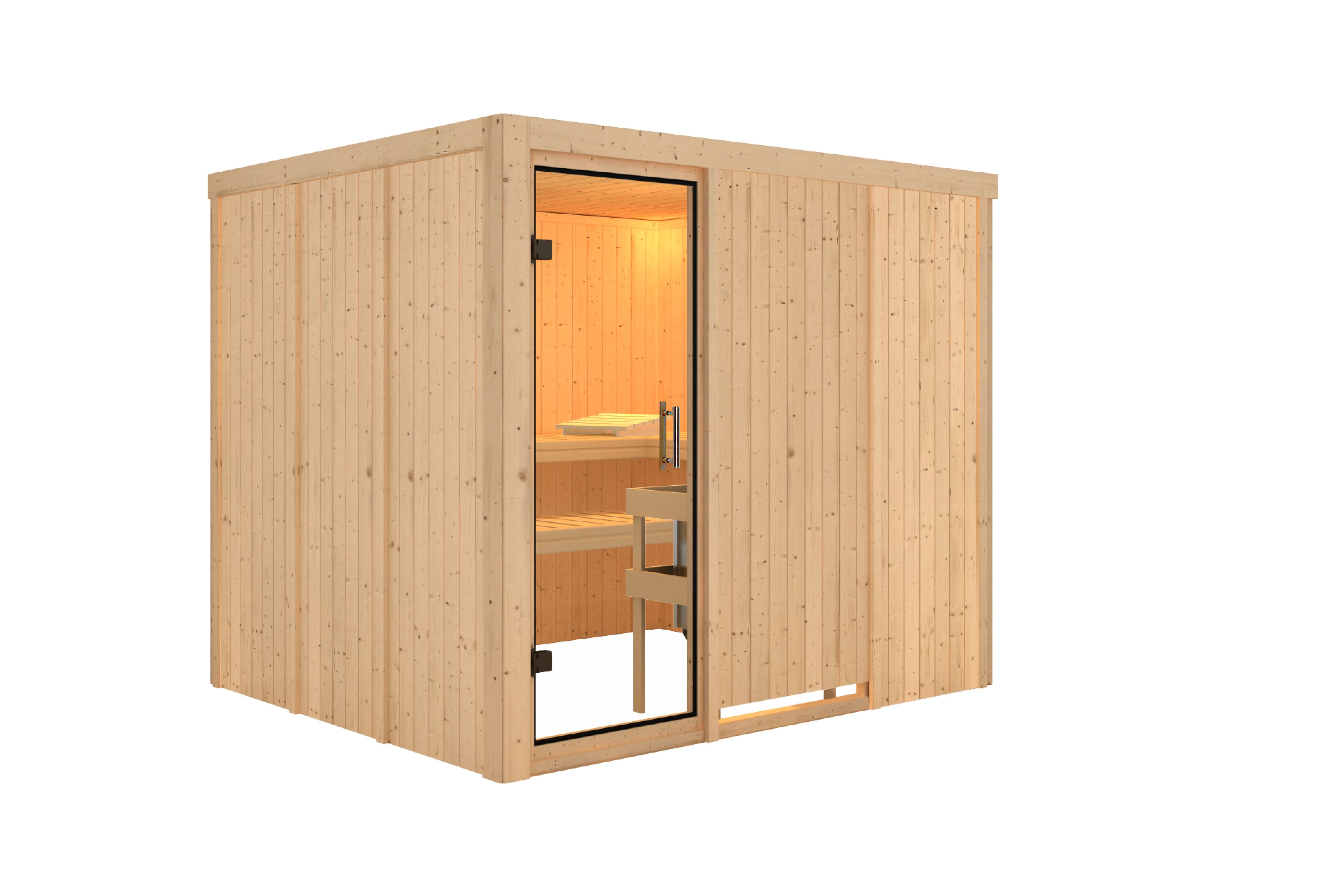 Innenansicht der Karibu Sauna Gobin mit Liegen und Kopfstütze aus hellem Espenholz