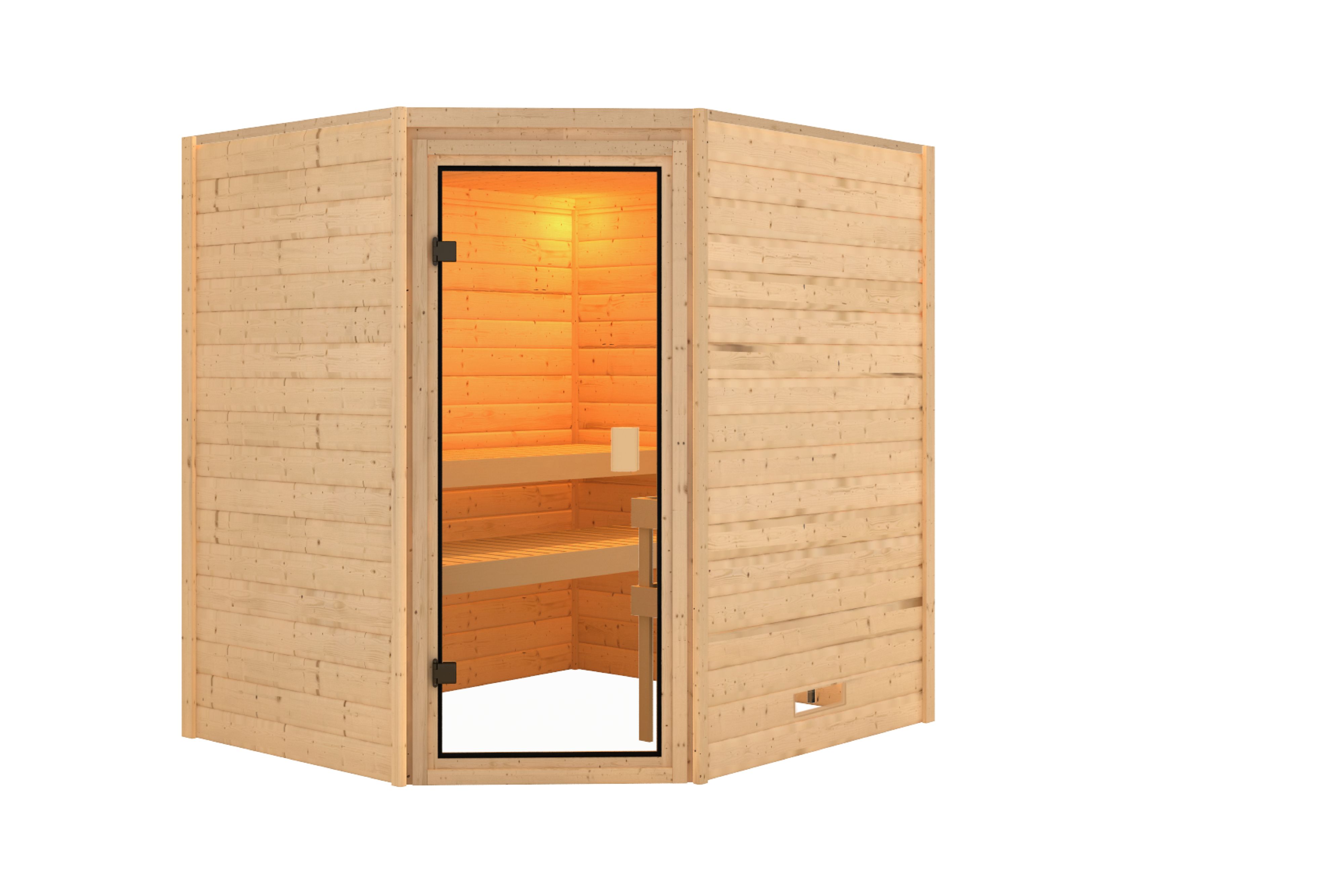 Innenansicht der Karibu Sauna Mia mit Liegen und Kopfstütze aus hellem Espenholz