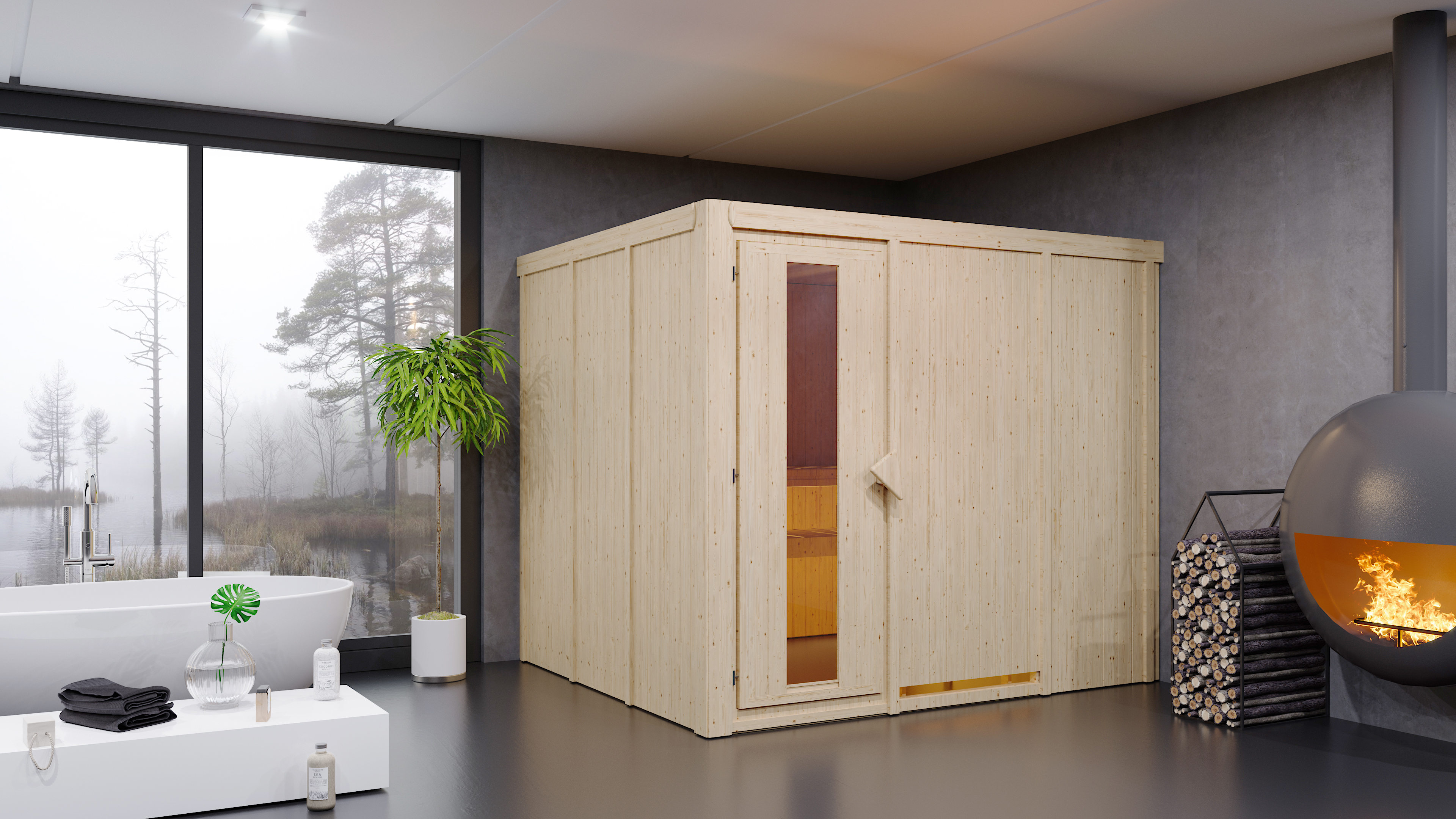 Karibu Sauna Gobin als stimmungsvoller Wellnessbereich in einem modern eingerichteten Wohnraum