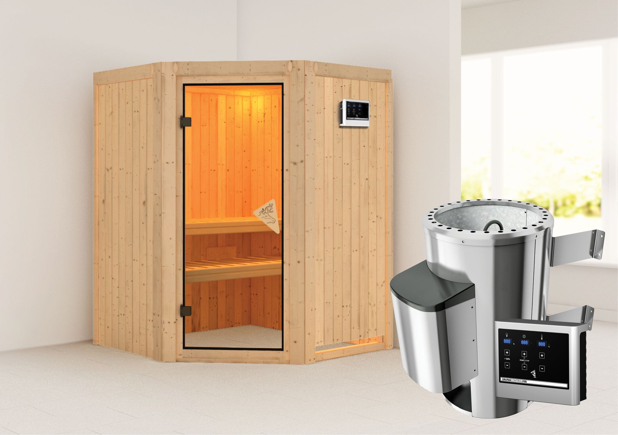 Außenansicht der Karibu Sauna Nanja aus nordischer Fichte mit bronzierter Ganzglastür und Fronteinstieg