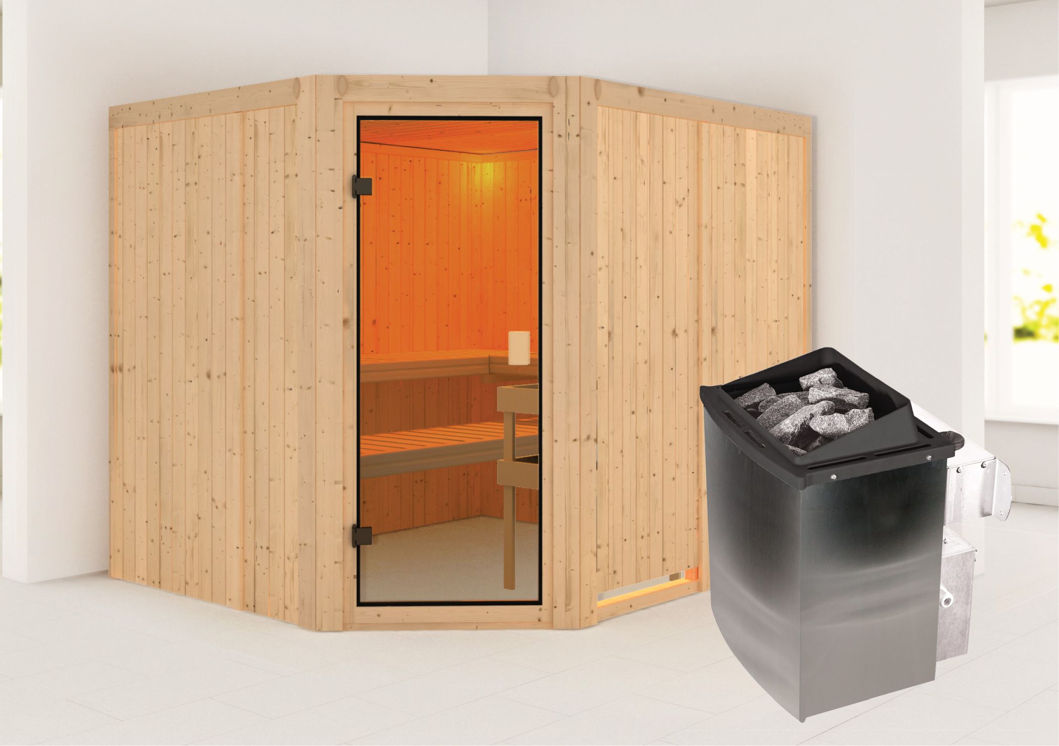 Außenansicht der Karibu Sauna Horna aus nordischer Fichte mit Ganzglastür und Fronteinstieg