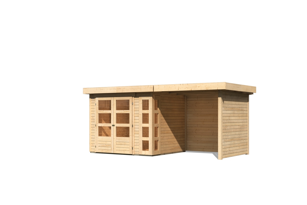 Karibu Gerätehaus Kerko 3 in Naturbelassen und Anbaudach, Freisteller