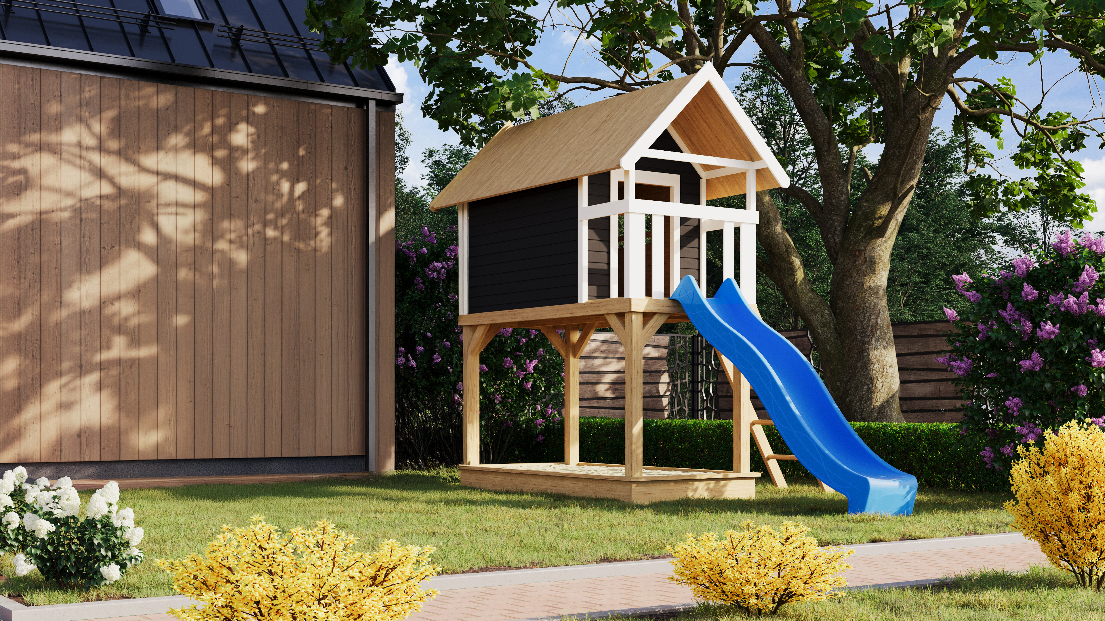 Stelzenhaus Gernegroß terragrau mit Rutsche blau / Lagerabverkauf Stelzenhaus Gernegroß terragrau mit Rutsche blau / Lagerabverkauf