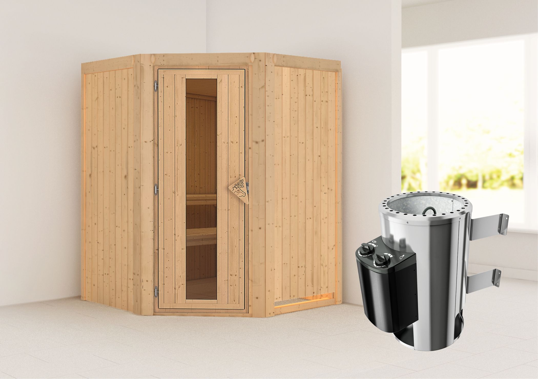 Außenansicht der Karibu Sauna Nanja aus nordischer Fichte mit isolierter Holztür und Fronteinstieg