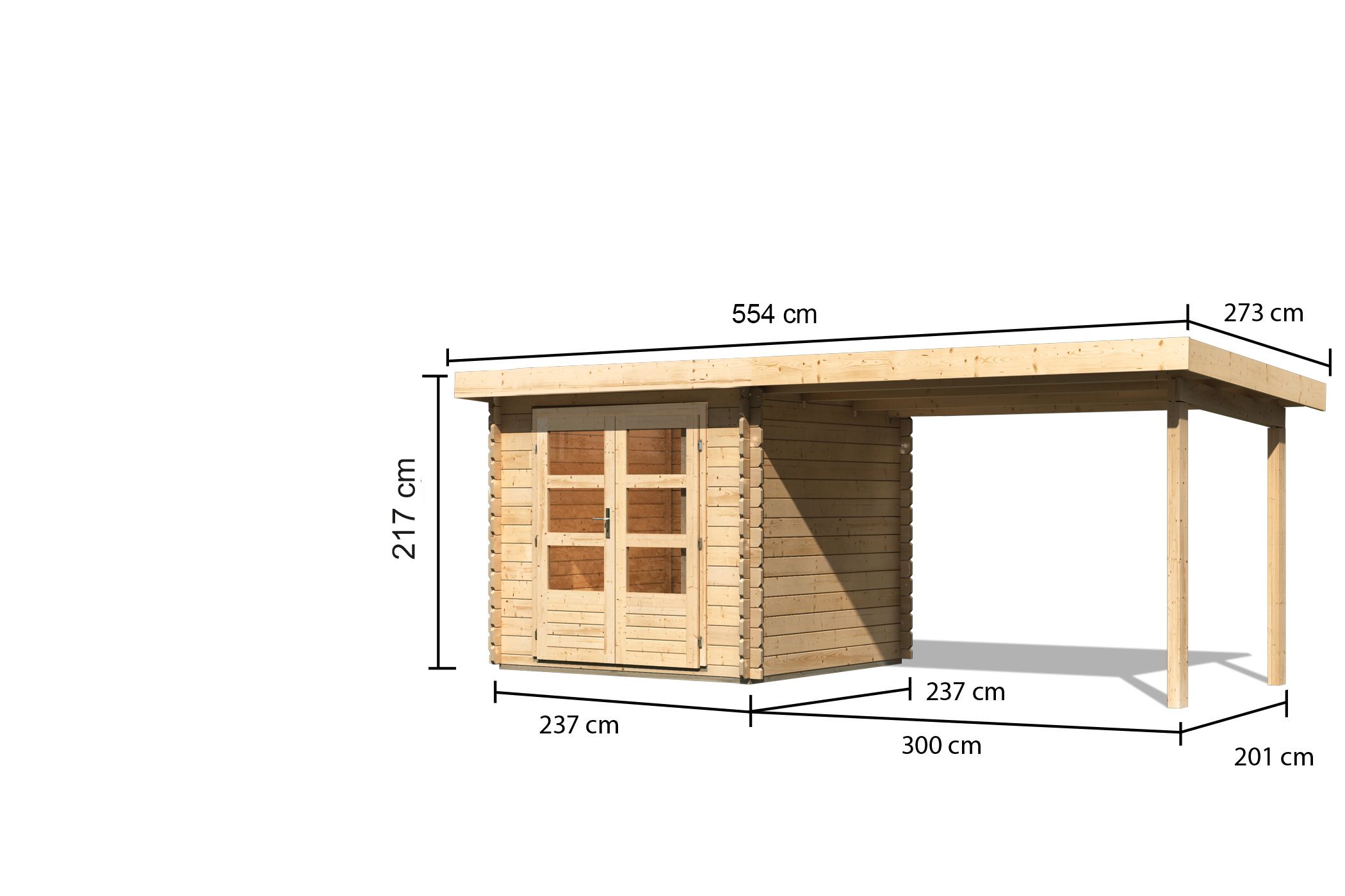 Bemaßte Maßzeichnung des Karibu Gerätehaus Bastrup 2 mit Anbaudach, 554 × 273 cm