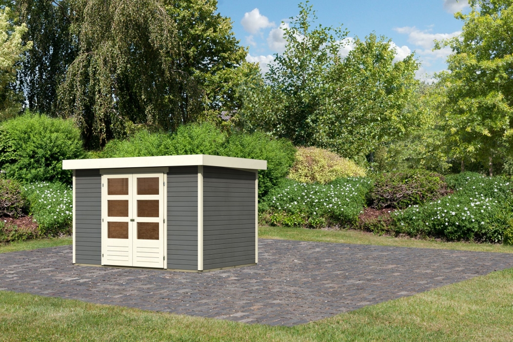 Karibu Gerätehaus Askola 4 in Terragrau, Außenansicht