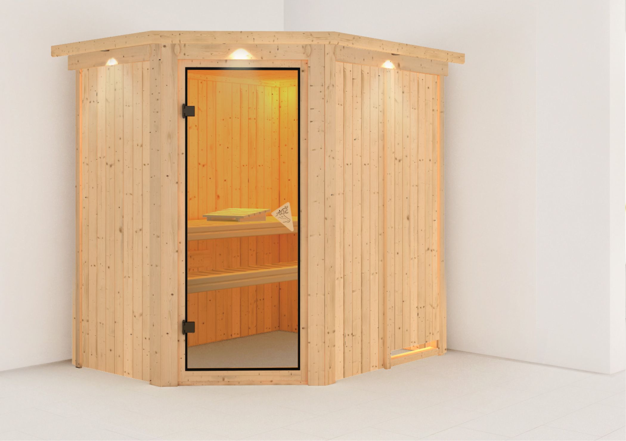 Außenansicht der Karibu Sauna Saja aus nordischer Fichte mit bronzierter Ganzglastür und Fronteinstieg