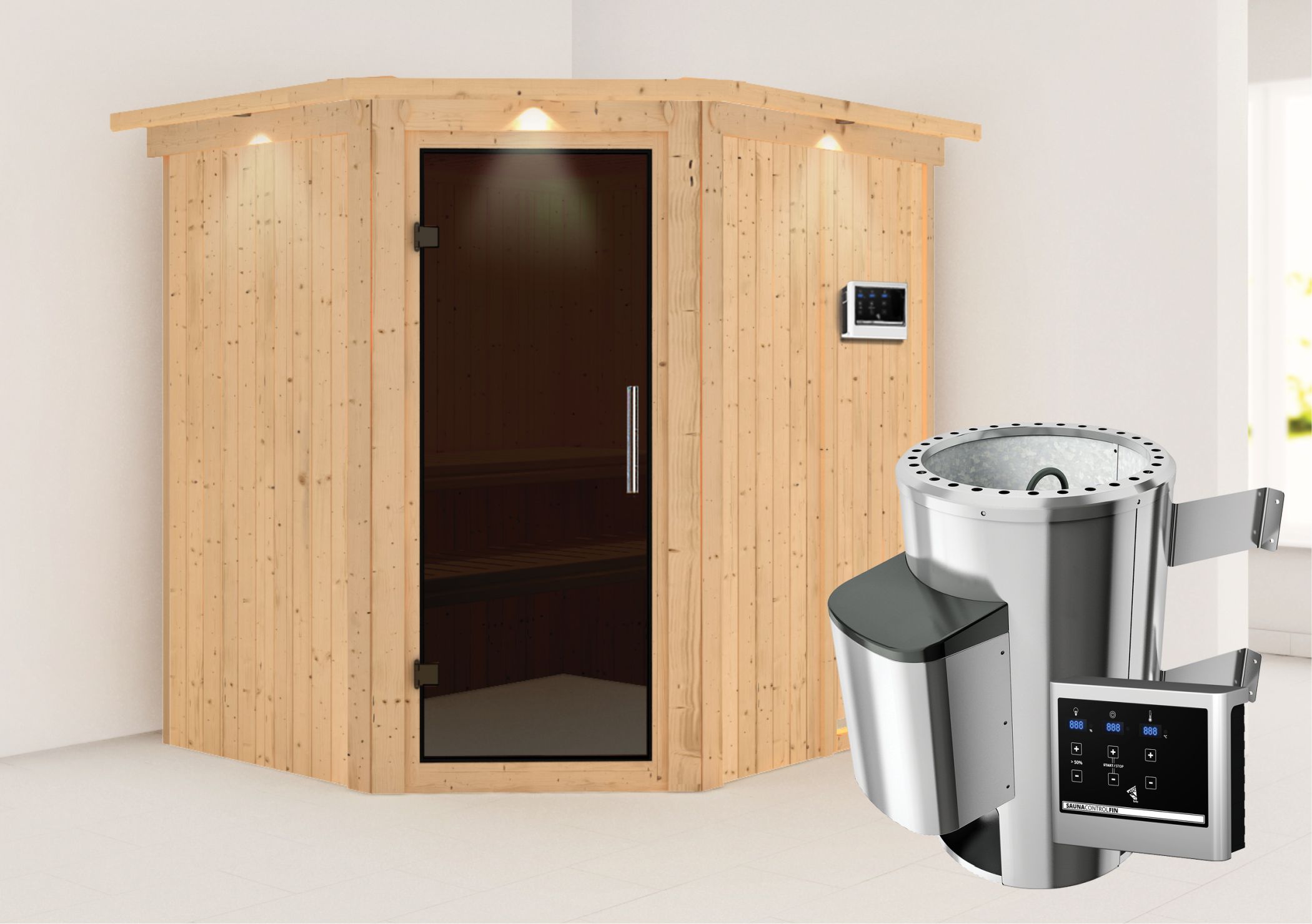 Außenansicht der Karibu Sauna Lilja aus nordischer Fichte mit graphitfarbener Ganzglastür und Fronteinstieg