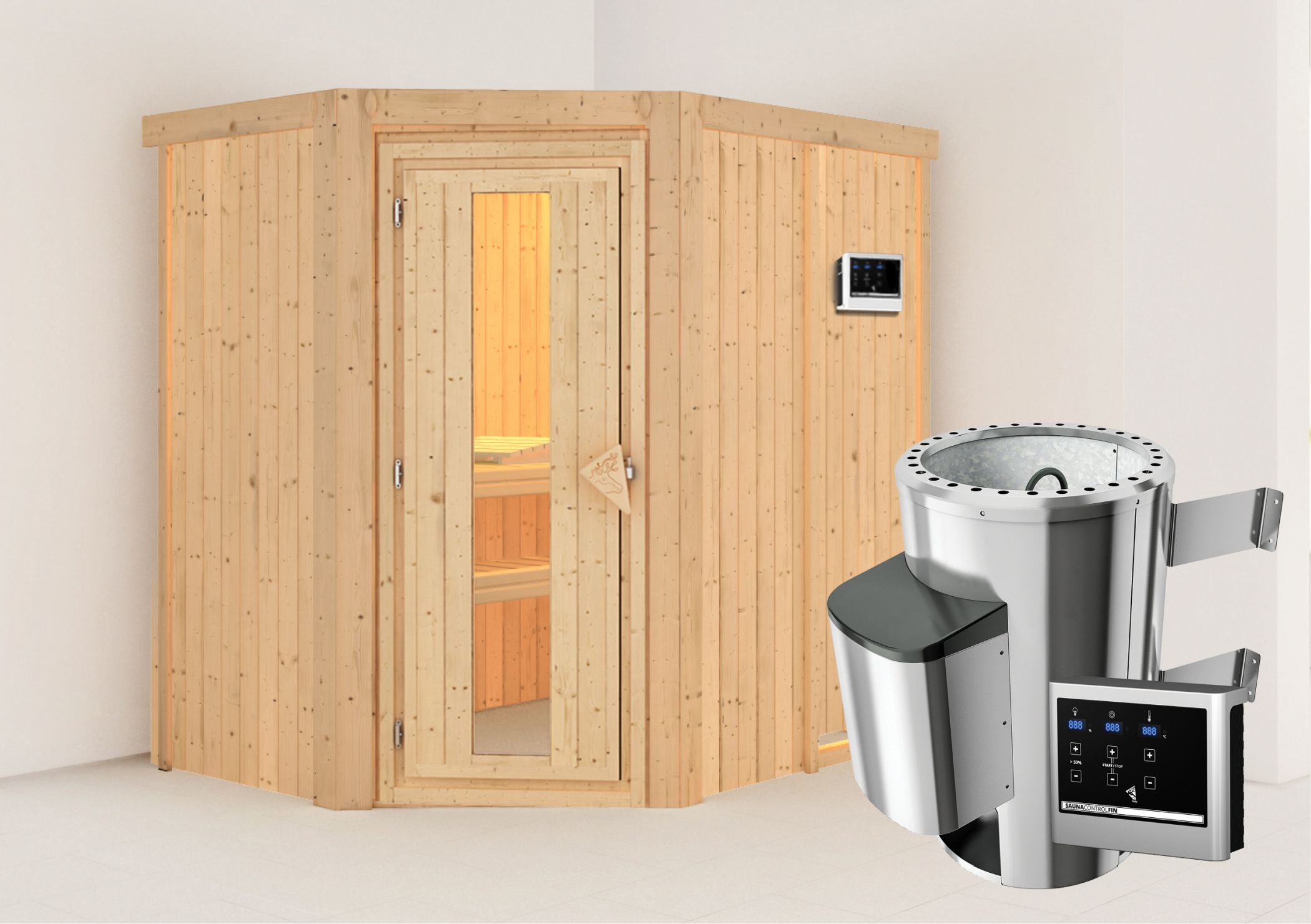 Außenansicht der Karibu Sauna Saja aus nordischer Fichte mit isolierter Holztür und Fronteinstieg