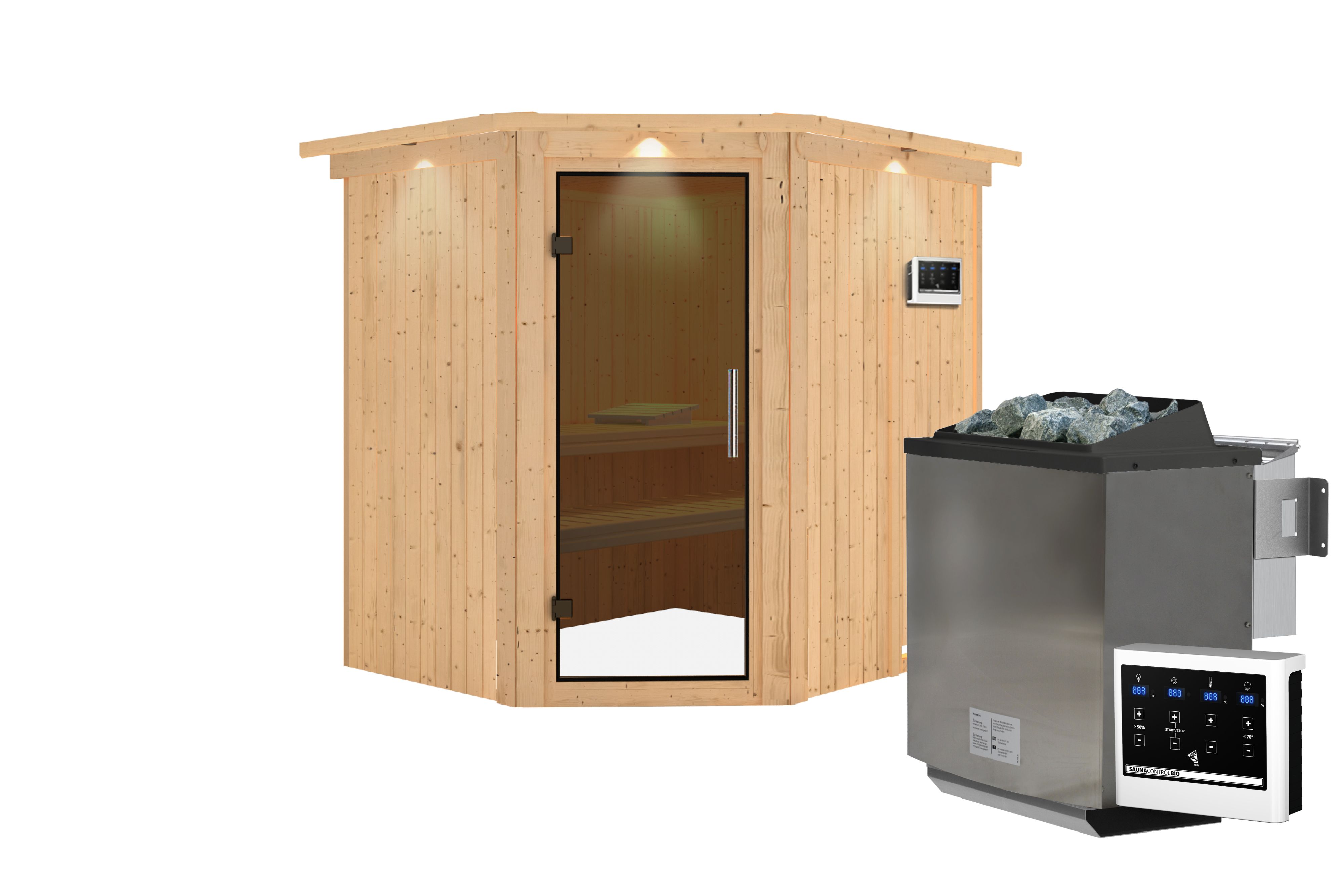 Innenansicht der Karibu Sauna Siirin mit Liegen und Kopfstütze aus hellem Espenholz