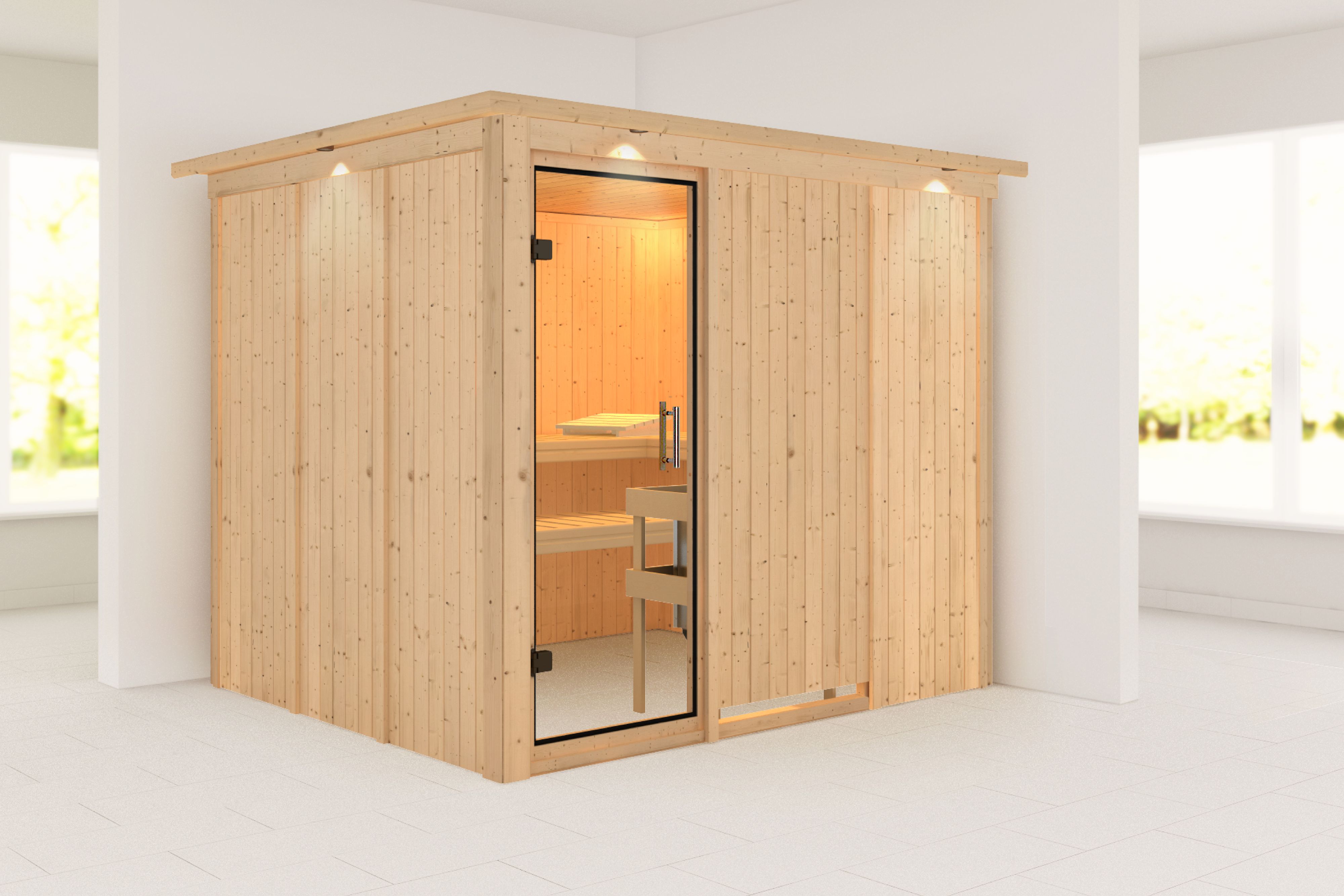 Außenansicht der Karibu Sauna Gobin aus nordischer Fichte mit Klarglas-Ganzglastür und Fronteinstieg
