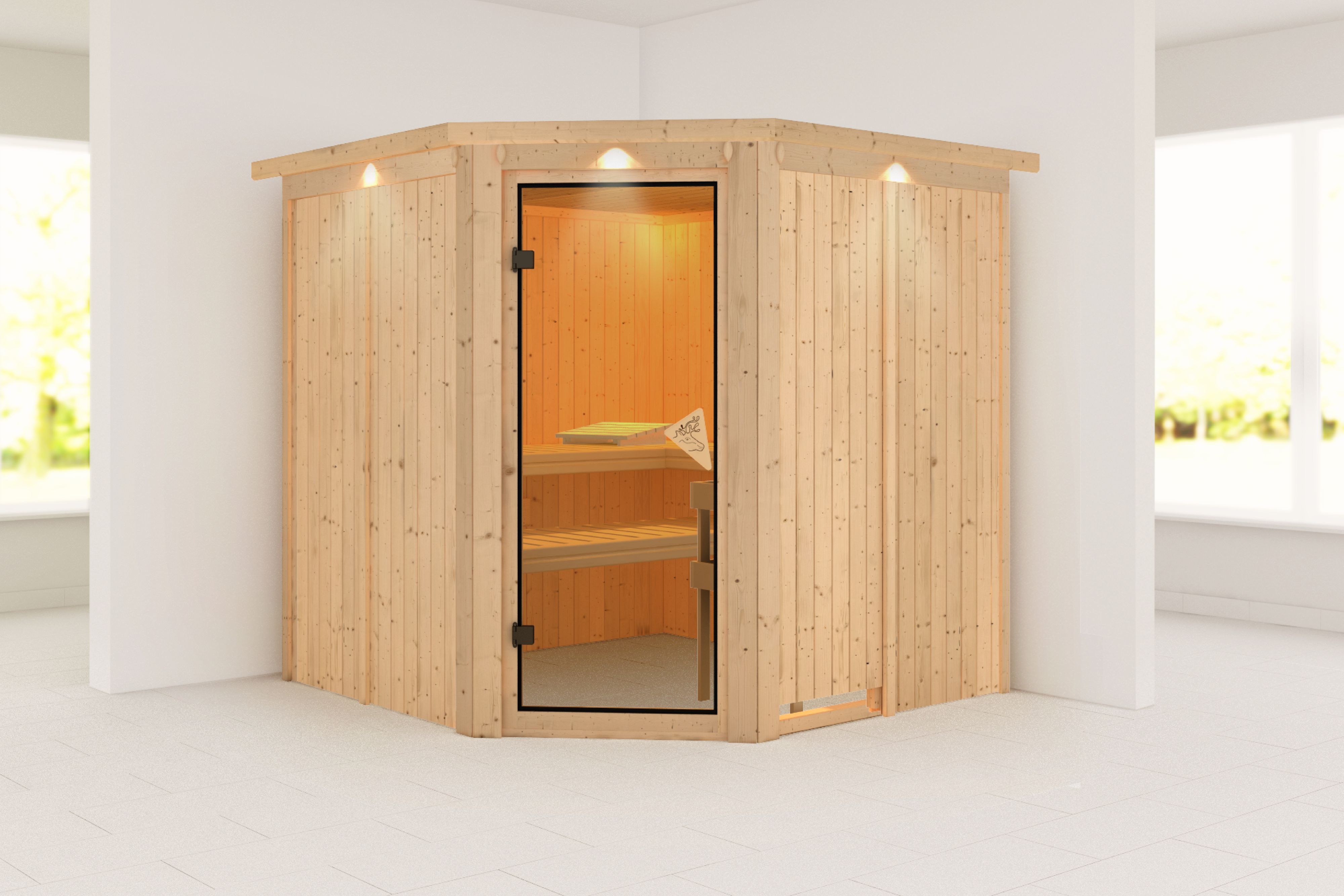 Außenansicht der Karibu Sauna Jarin aus nordischer Fichte mit bronzierter Ganzglastür und Fronteinstieg