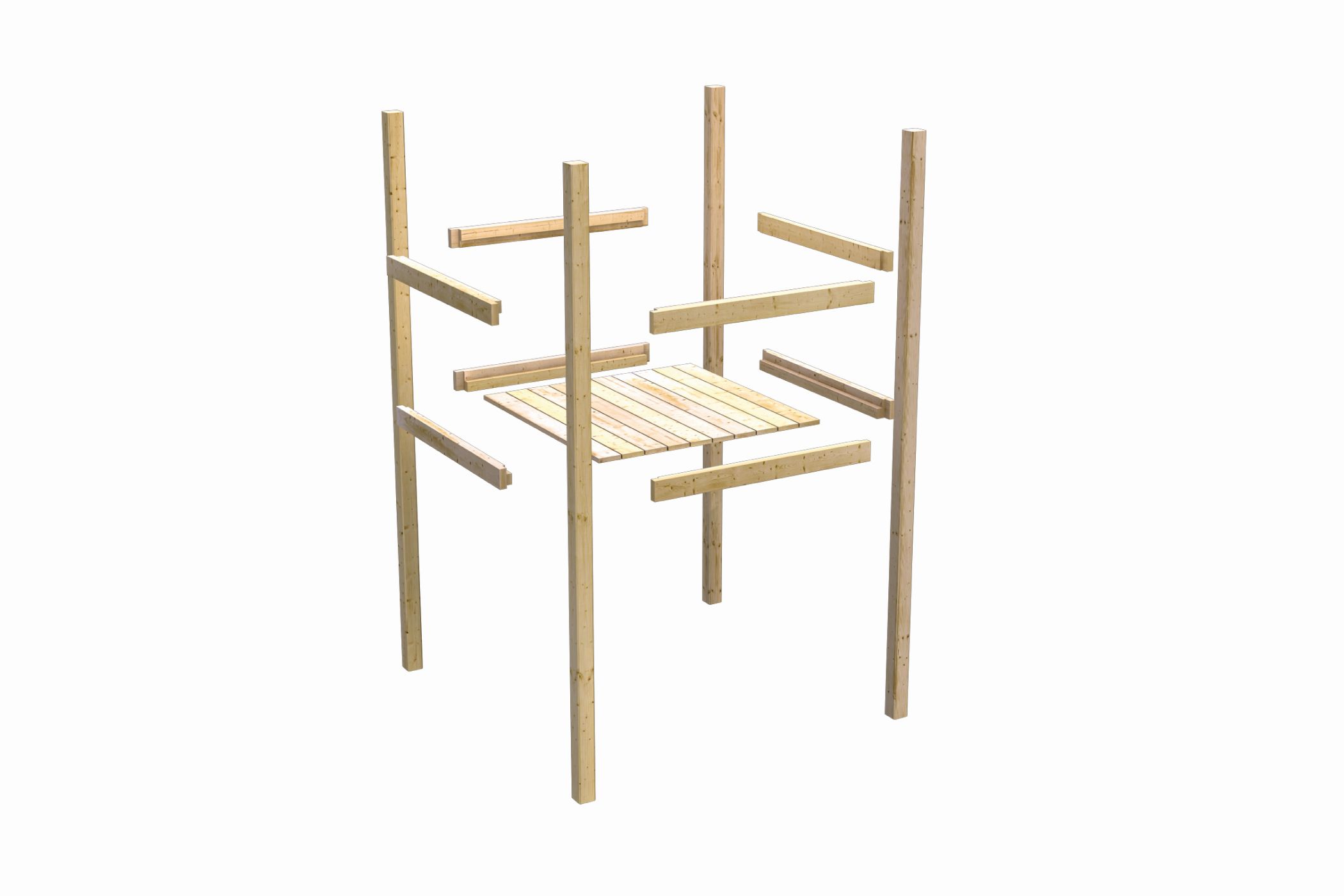 Aufbaudarstellung eines Karibu Spielgeräts mit allen Holzbauteilen im Überblick