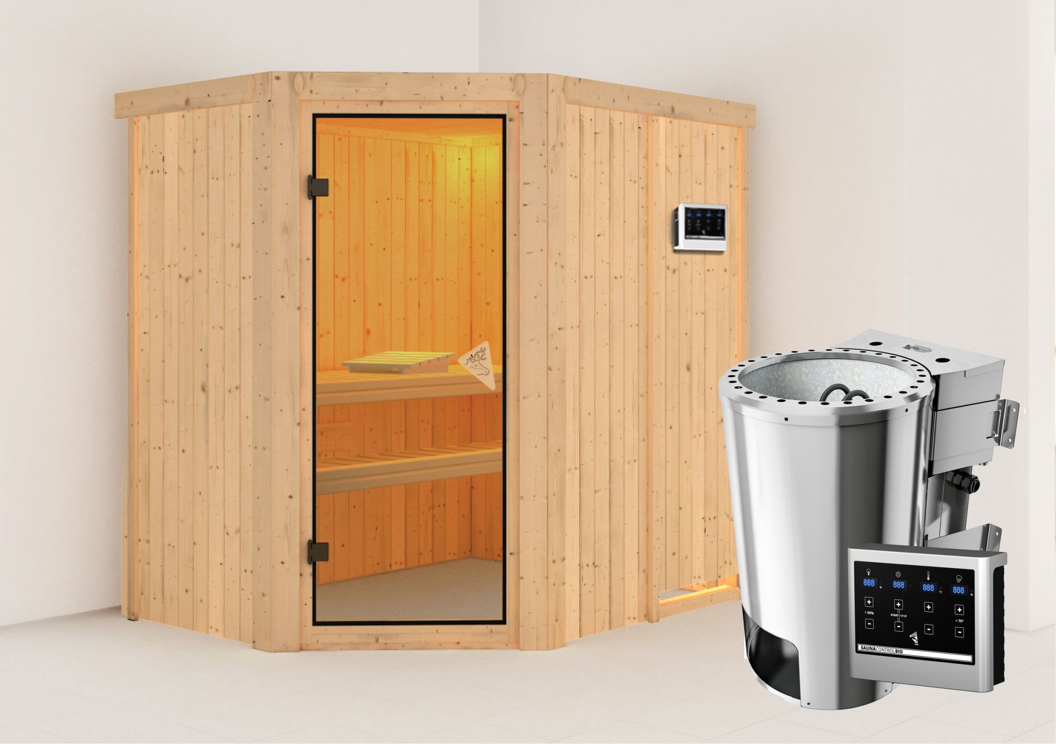 Außenansicht der Karibu Sauna Saja aus nordischer Fichte mit bronzierter Ganzglastür und Fronteinstieg