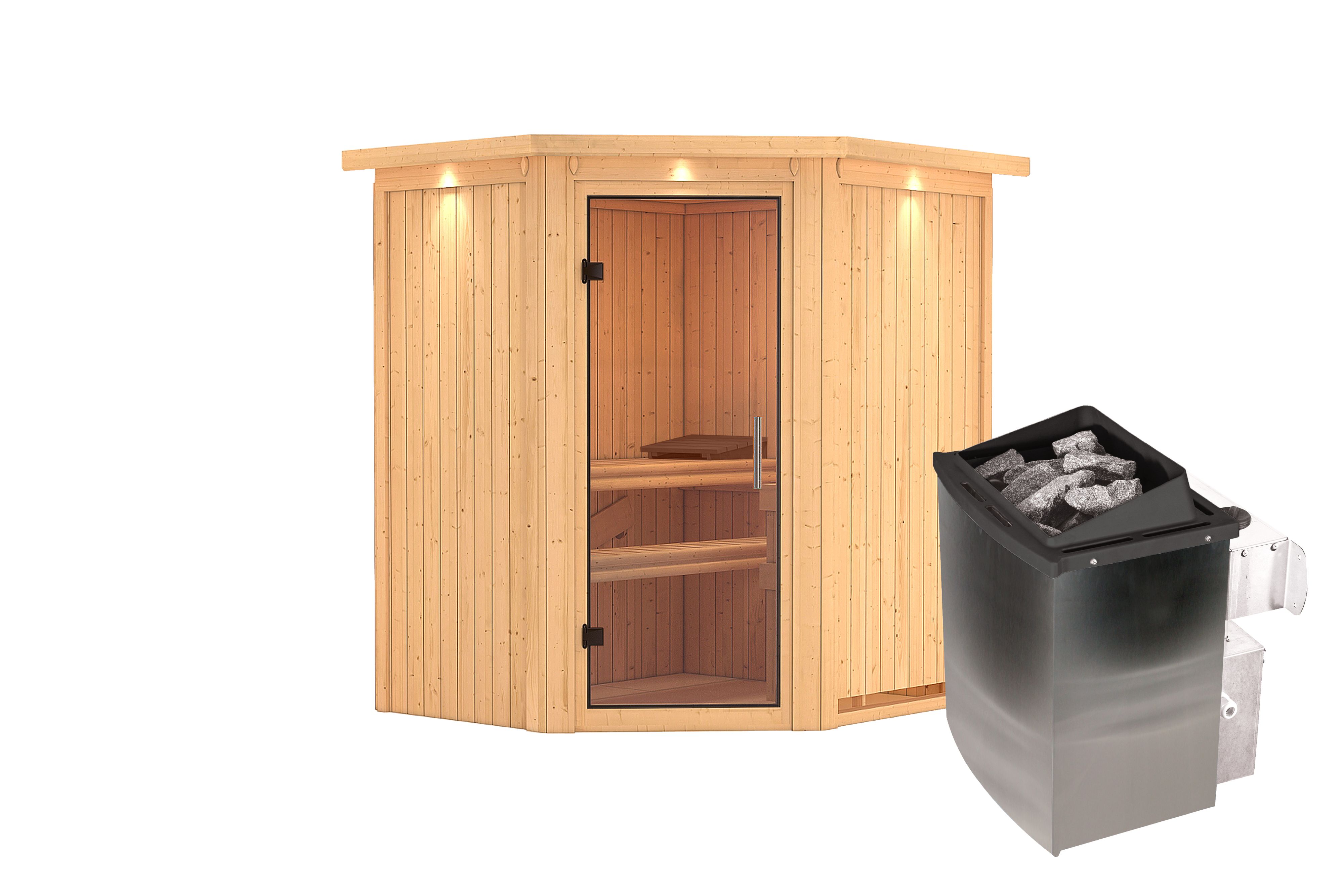 Innenansicht der Karibu Sauna Taurin mit Liegen und Kopfstütze aus hellem Espenholz