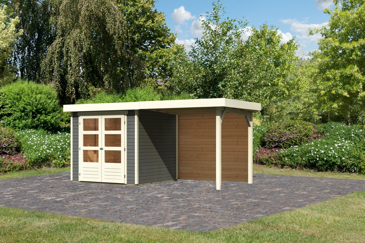 Karibu Gerätehaus Askola 2 in Terragrau und Anbaudach, Außenansicht