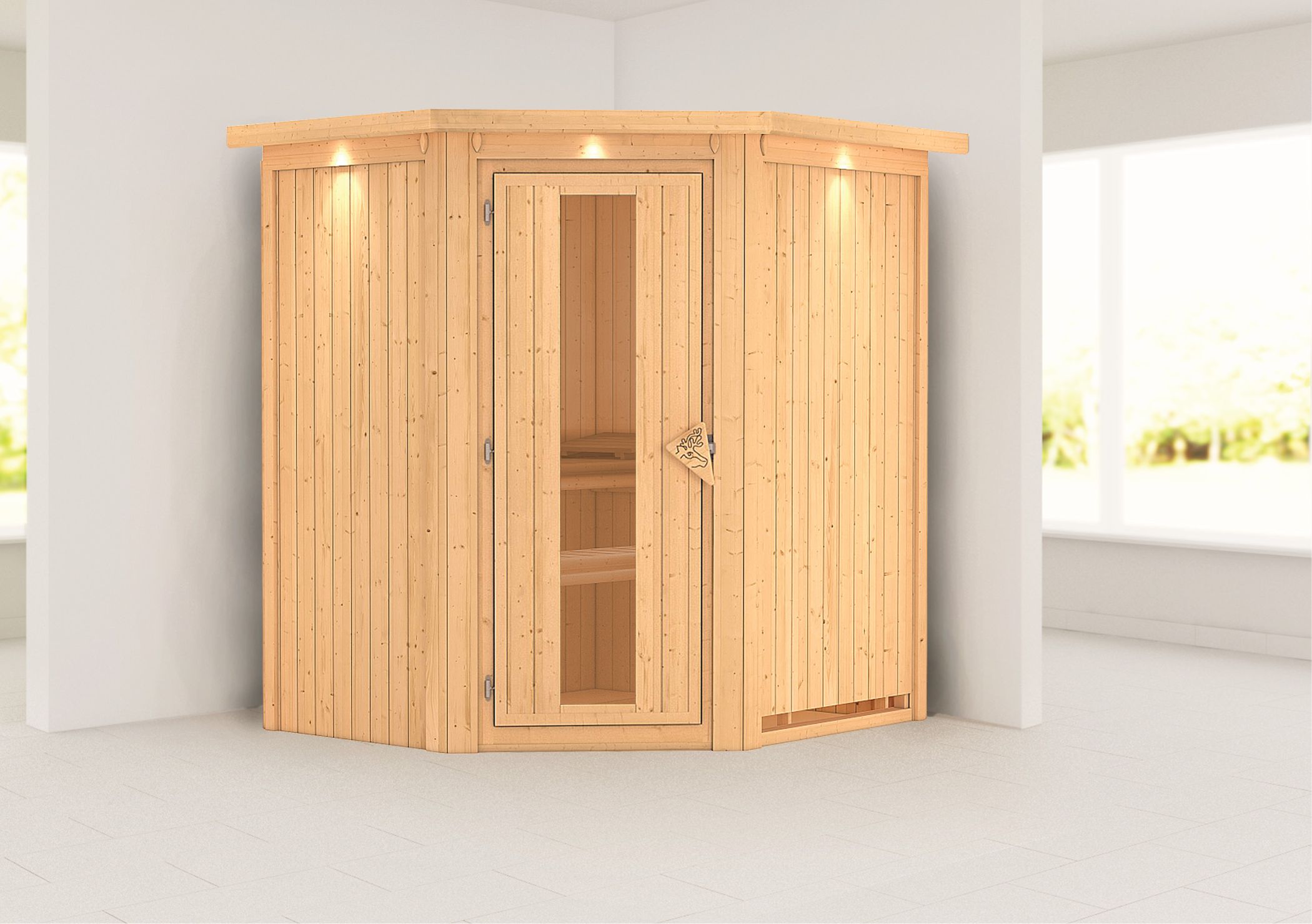Außenansicht der Karibu Sauna Tonja aus nordischer Fichte mit isolierter Holztür und Fronteinstieg