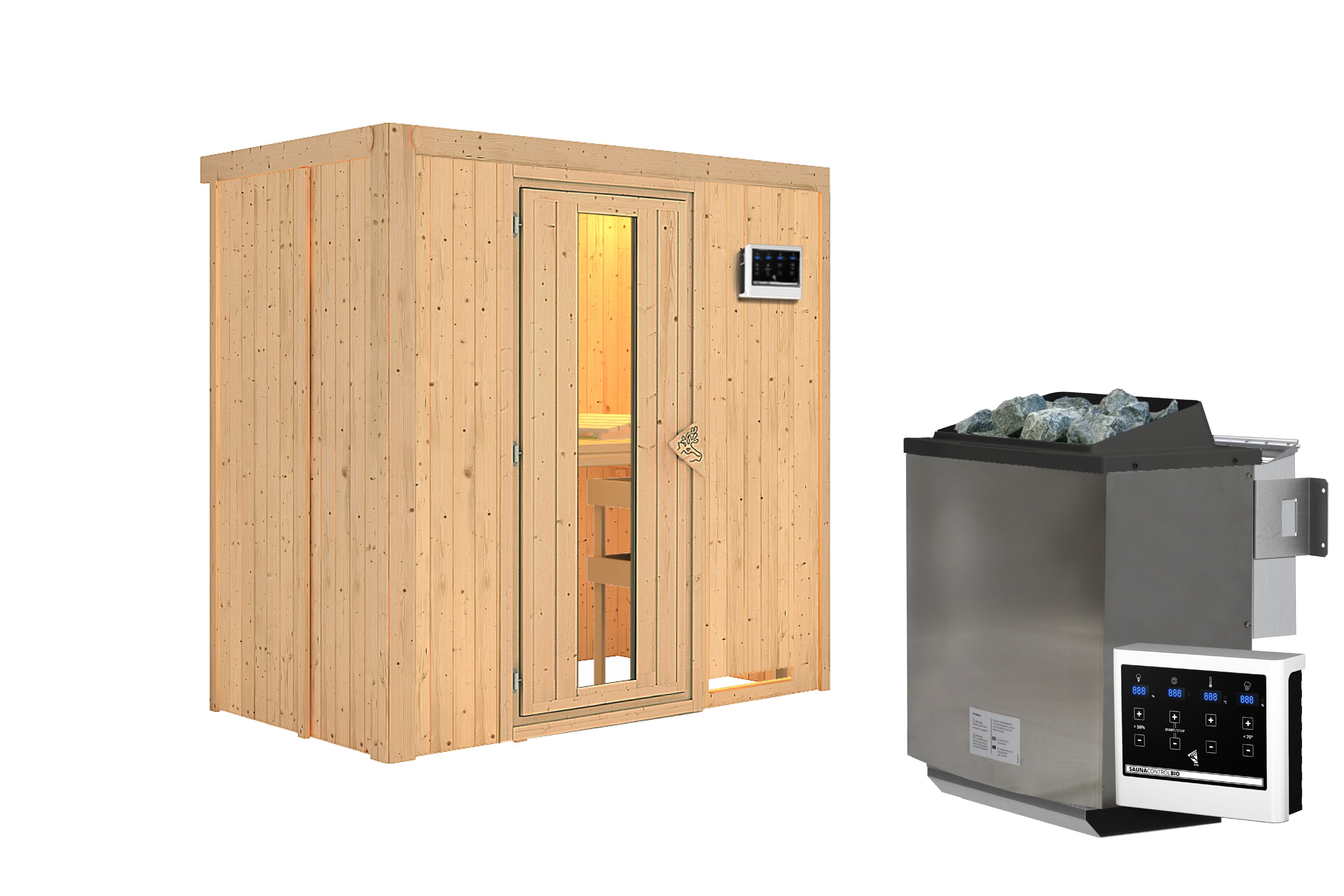 Innenansicht der Karibu Sauna Variado mit Liegen und Kopfstütze aus hellem Espenholz