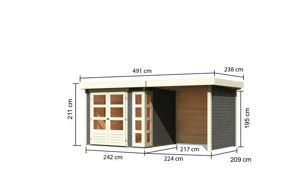 Bemaßte Maßzeichnung des Karibu Gerätehaus Kerko 3 mit Anbaudach, 508 × 238 cm