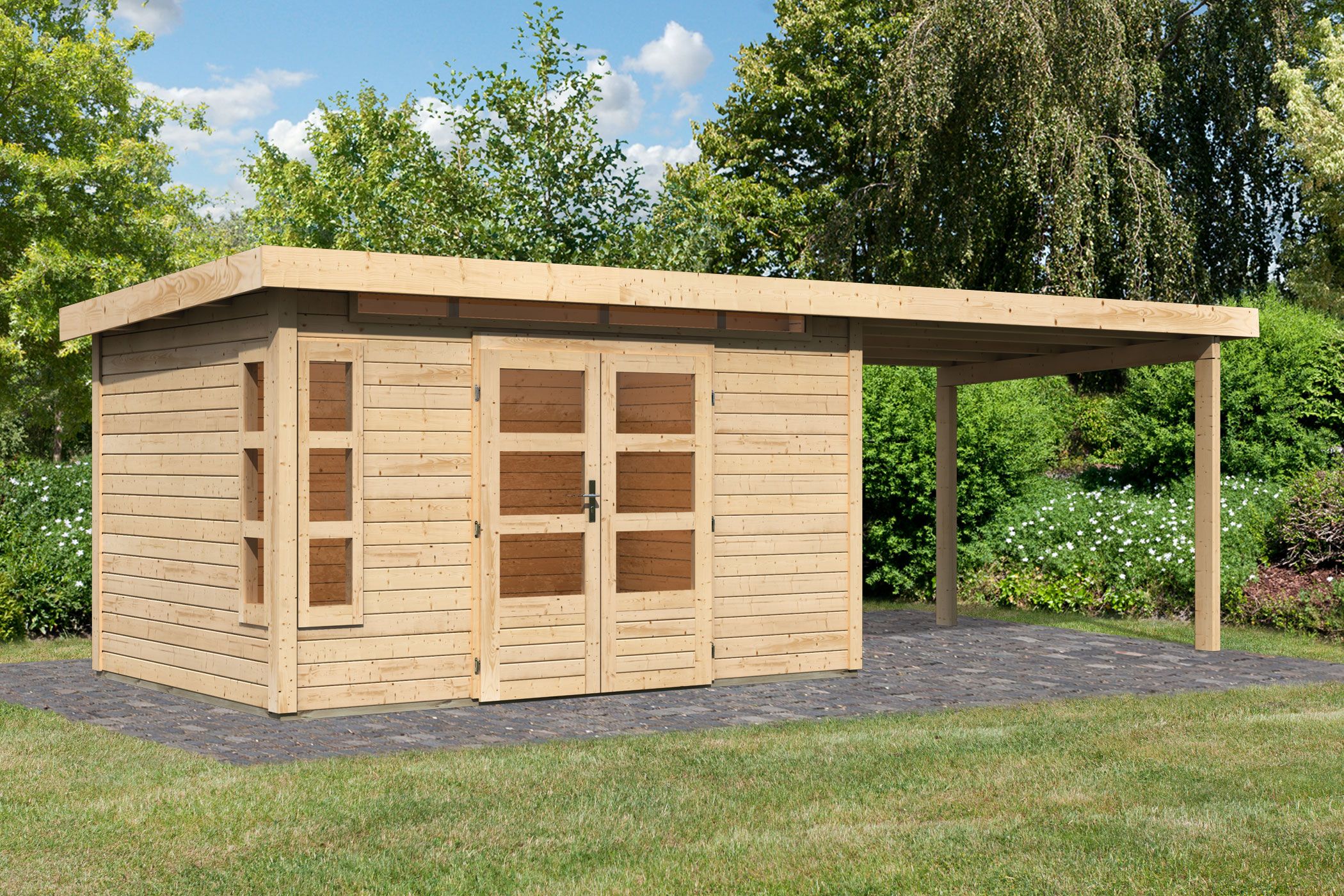 Karibu Gartenhaus Kastorf 7 in Naturbelassen und Anbaudach, Außenansicht
