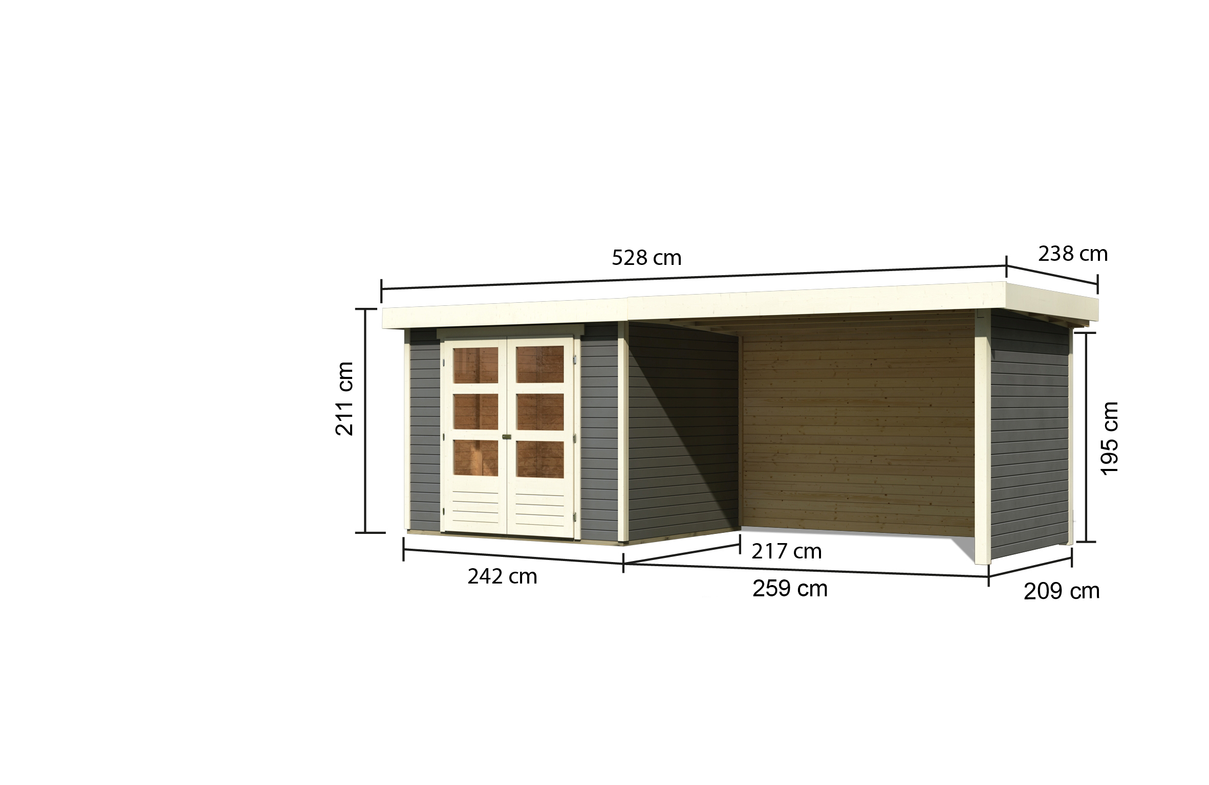 Bemaßte Maßzeichnung des Karibu Gerätehaus Askola 3 mit Anbaudach, 528 × 238 cm