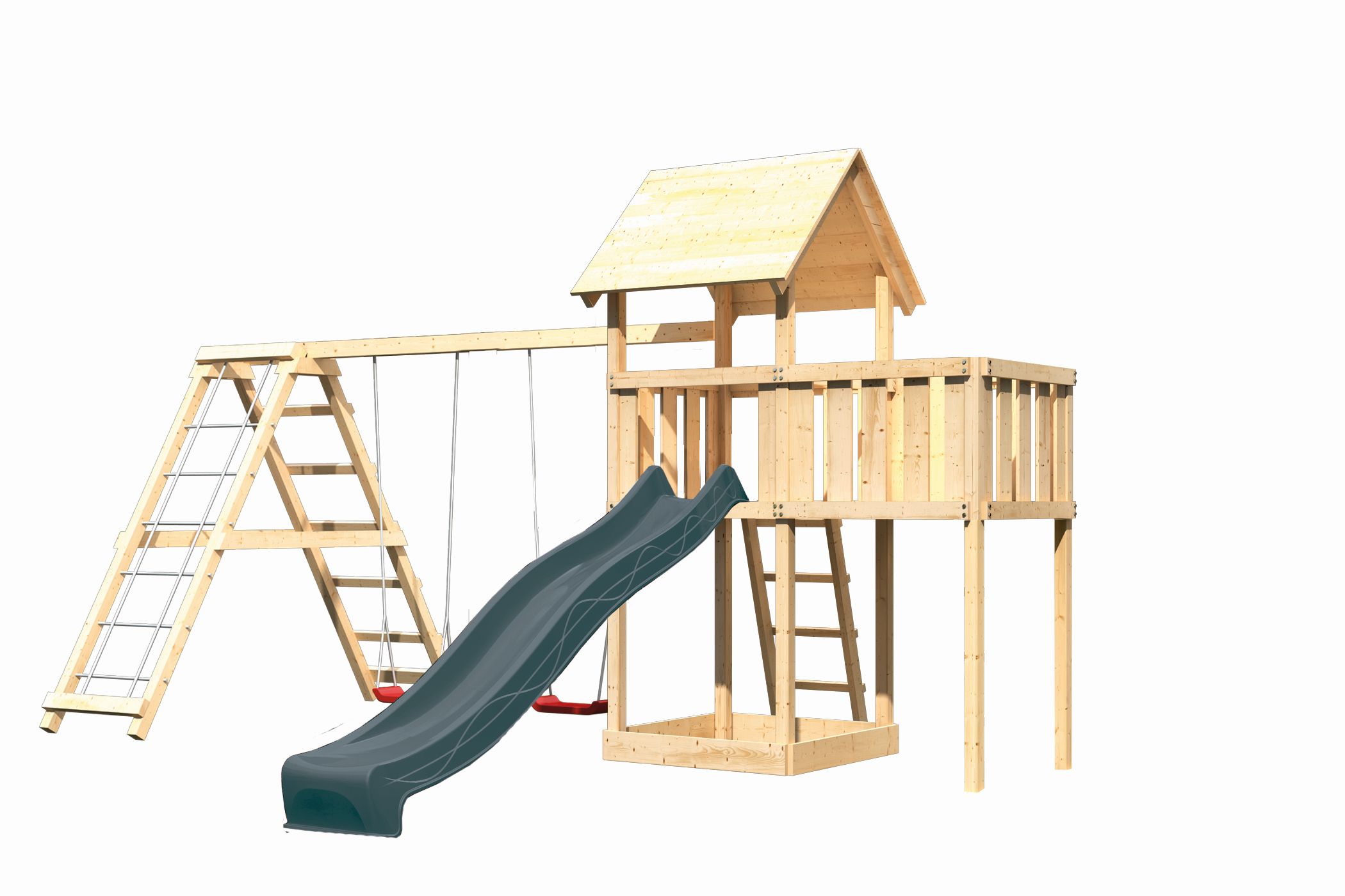 Karibu Spielgerät aus Holz mit Wellenrutsche, freigestellt