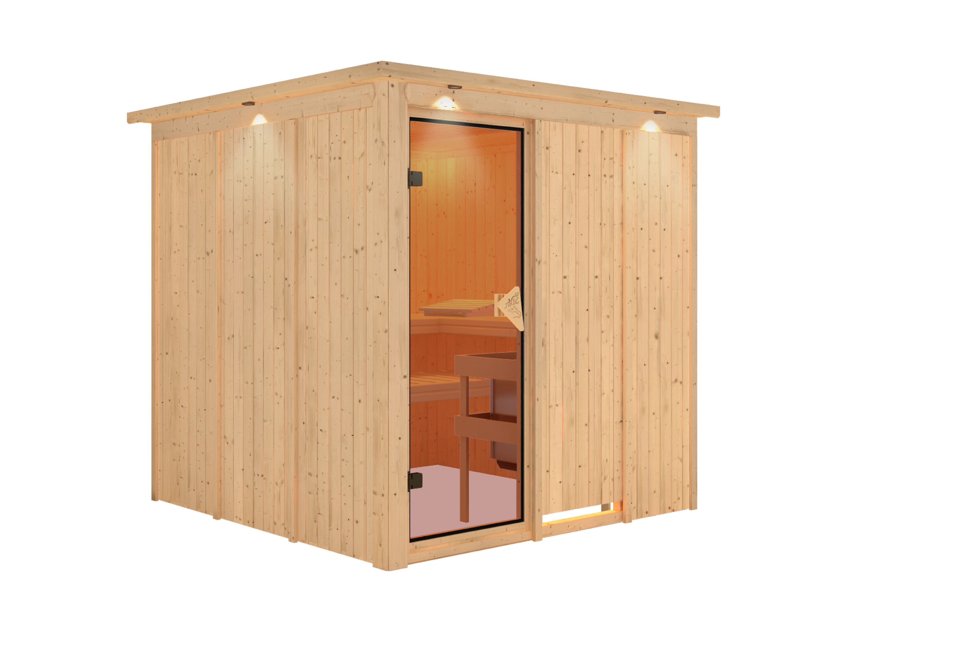 Innenansicht der Karibu Sauna Rodin mit Liegen und Kopfstütze aus hellem Espenholz