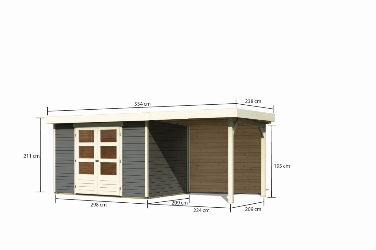 Bemaßte Maßzeichnung des Karibu Gerätehaus Askola 4 mit Anbaudach, 554 × 238 cm