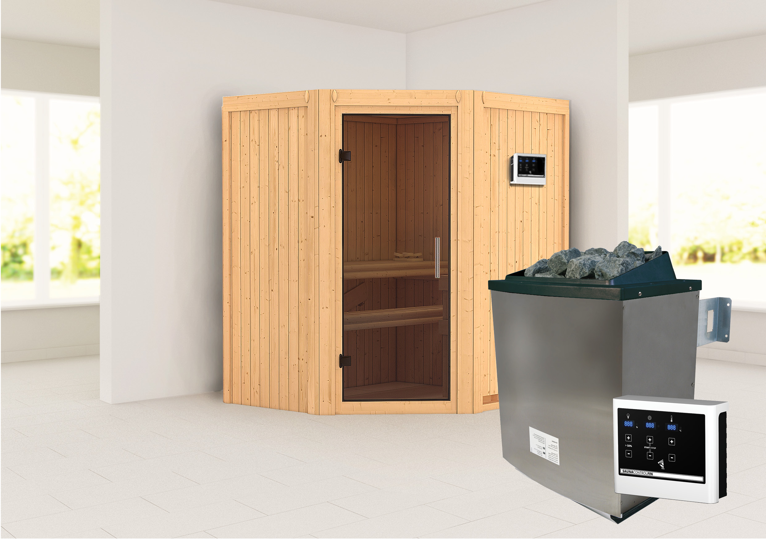Außenansicht der Karibu Sauna Taurin aus nordischer Fichte mit graphitfarbener Ganzglastür und Fronteinstieg