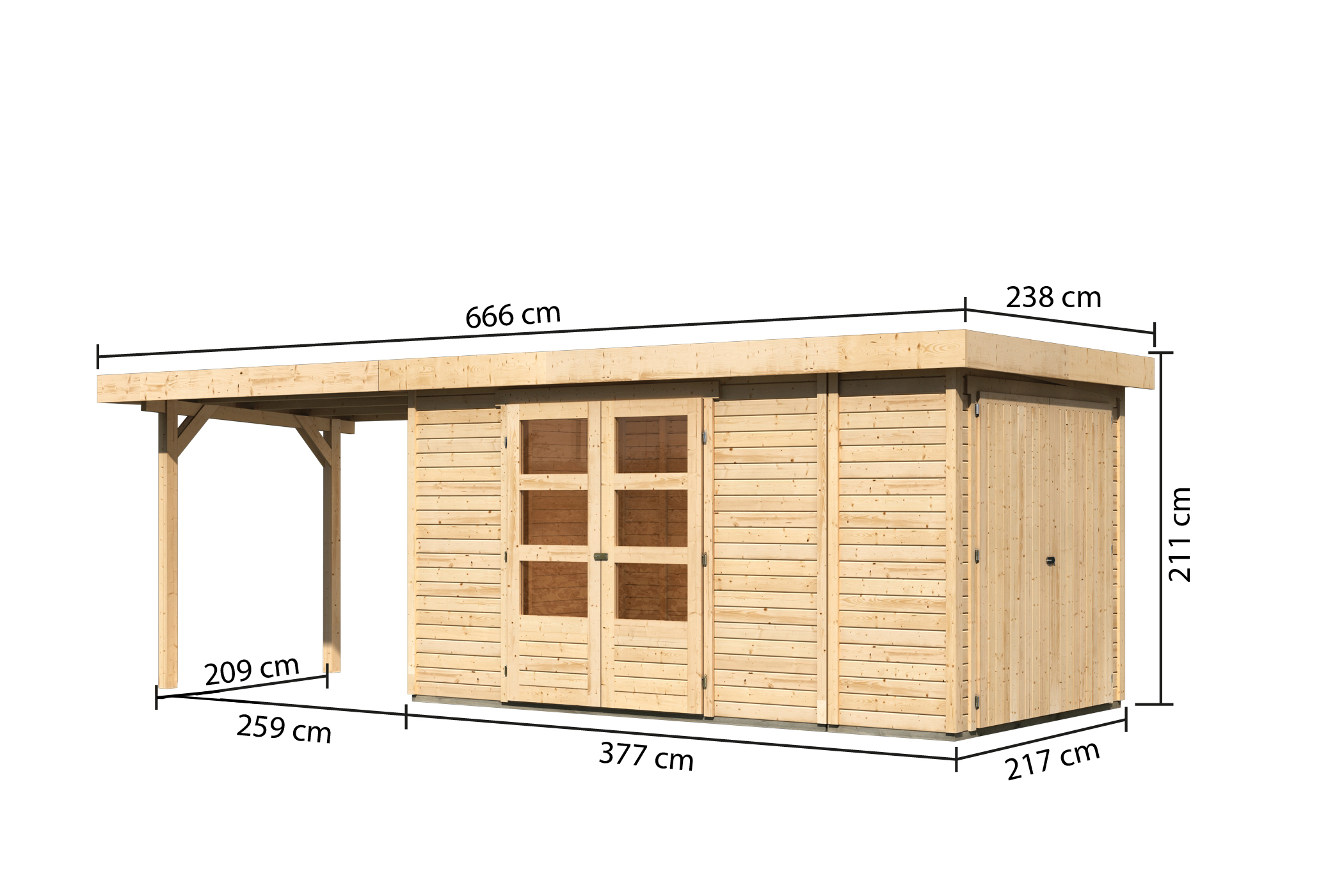 Bemaßte Maßzeichnung des Karibu großes Gerätehaus Retola 5 mit Anbaudach, 666 × 238 cm