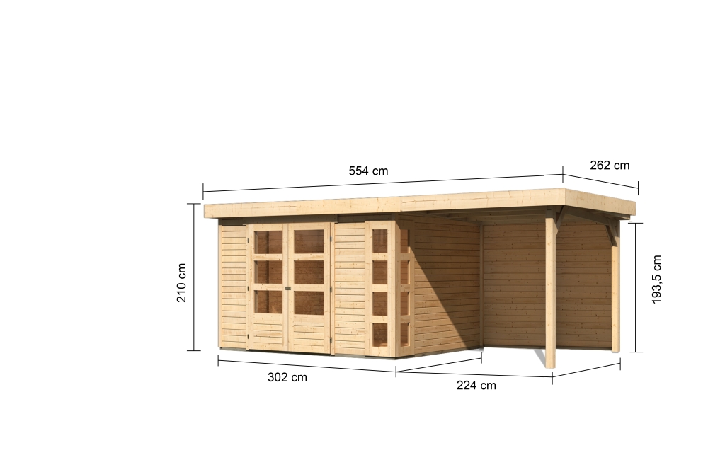 Karibu großes Gerätehaus Kerko 5 in Naturbelassen und Anbaudach