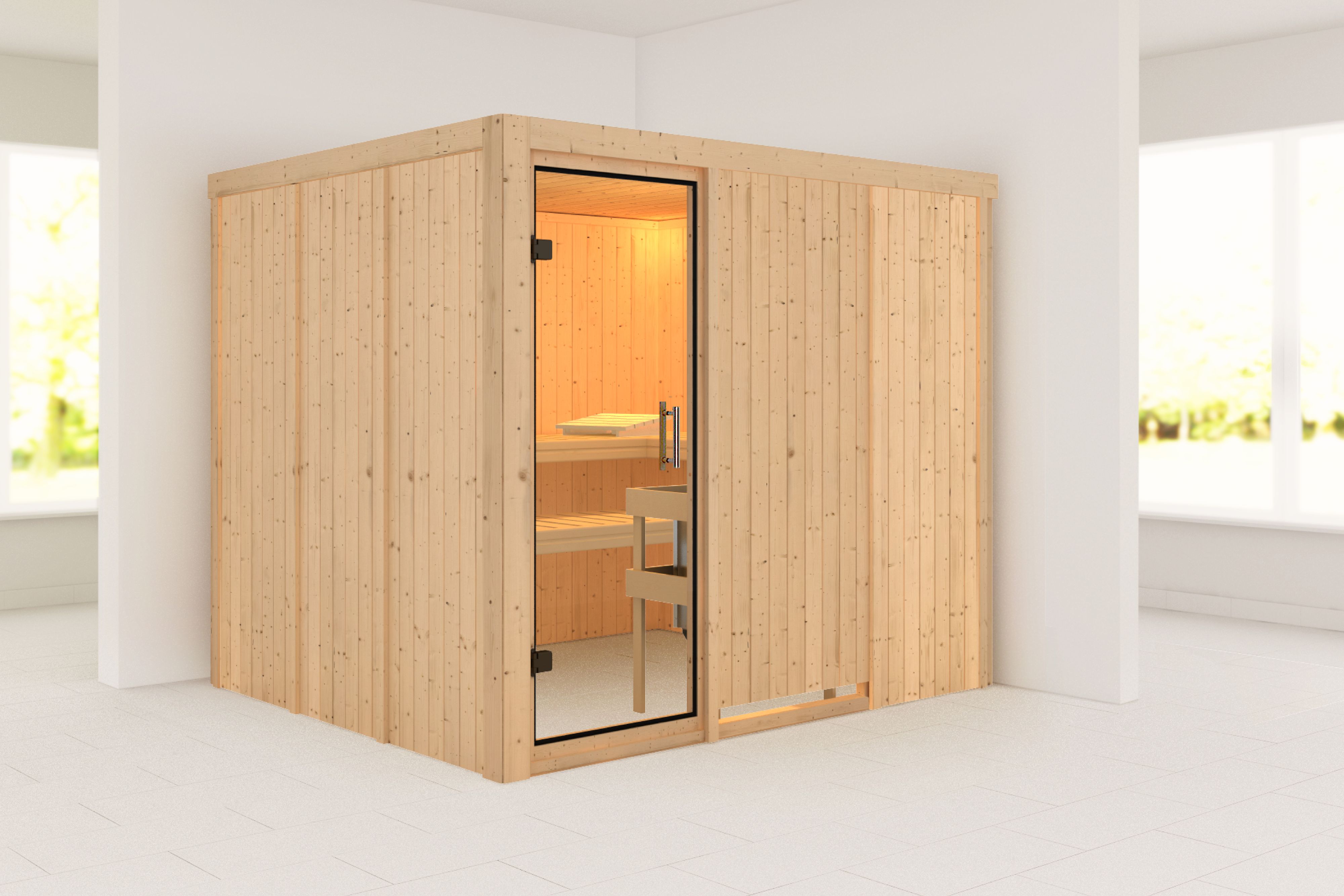 Außenansicht der Karibu Sauna Gobin aus nordischer Fichte mit Klarglas-Ganzglastür und Fronteinstieg