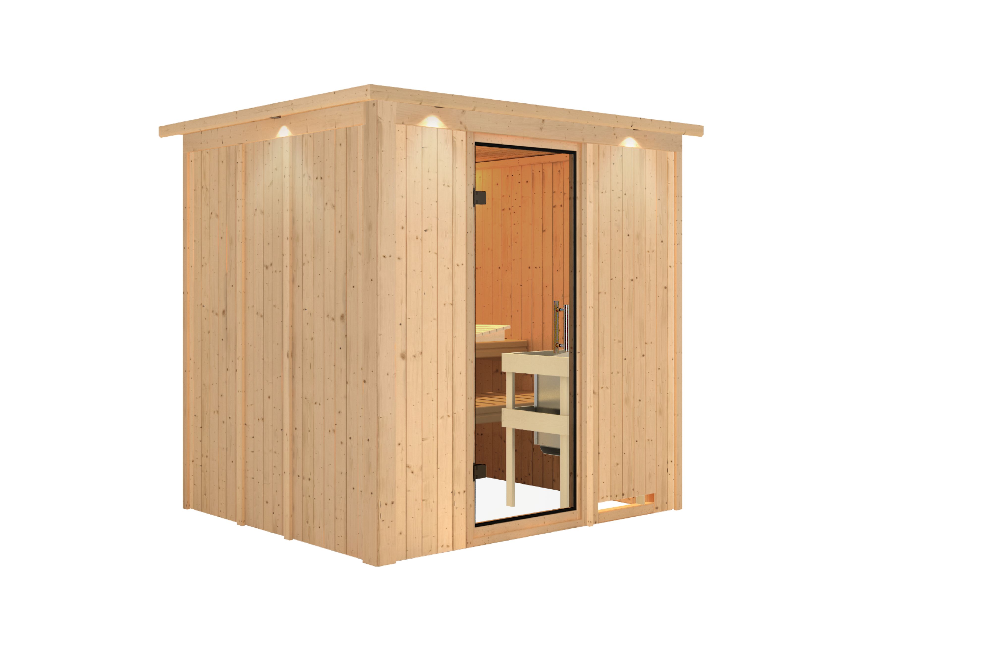 Innenansicht der Karibu Sauna Sodin mit Liegen und Kopfstütze aus hellem Espenholz