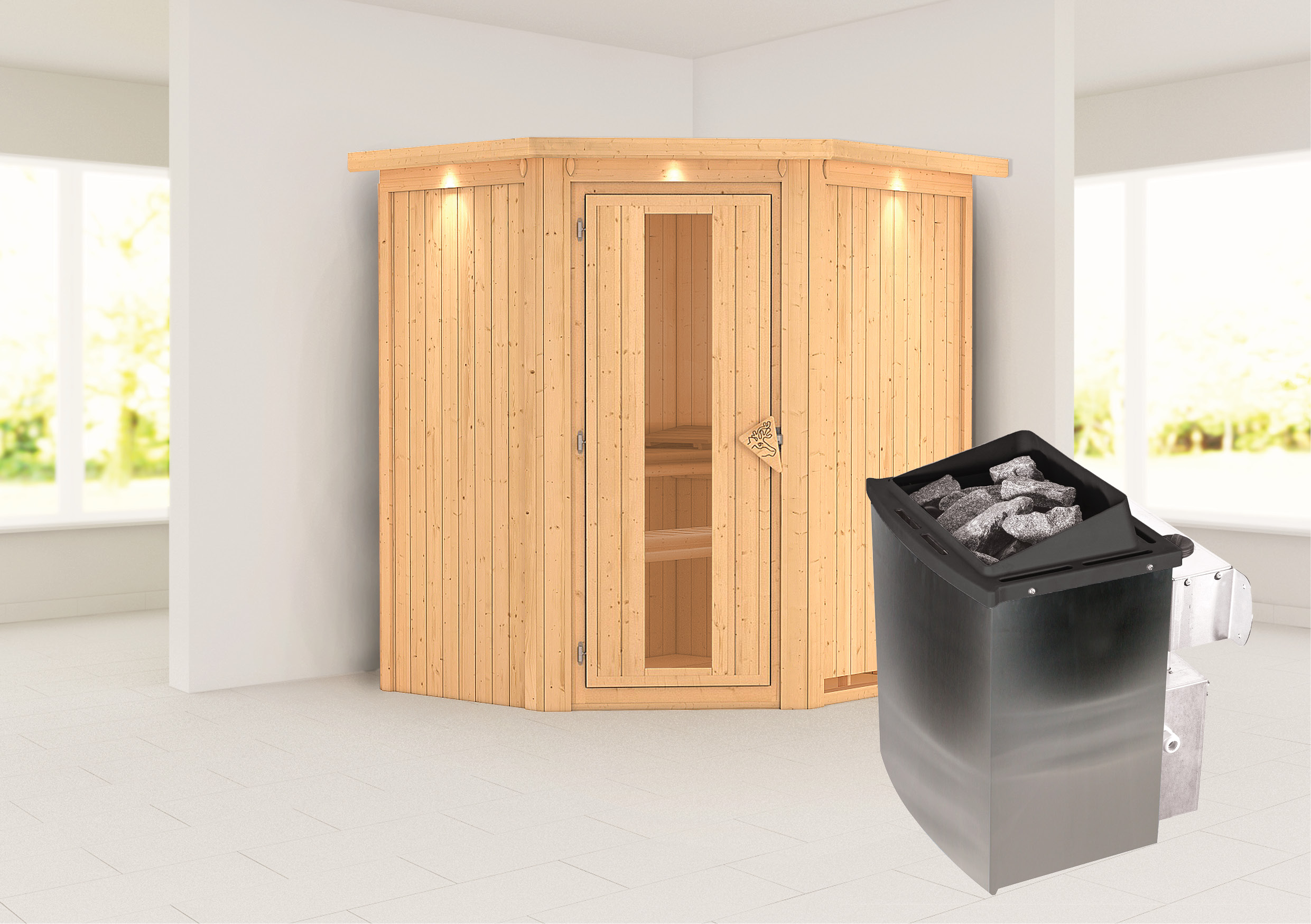 Außenansicht der Karibu Sauna Taurin aus nordischer Fichte mit isolierter Holztür und Fronteinstieg