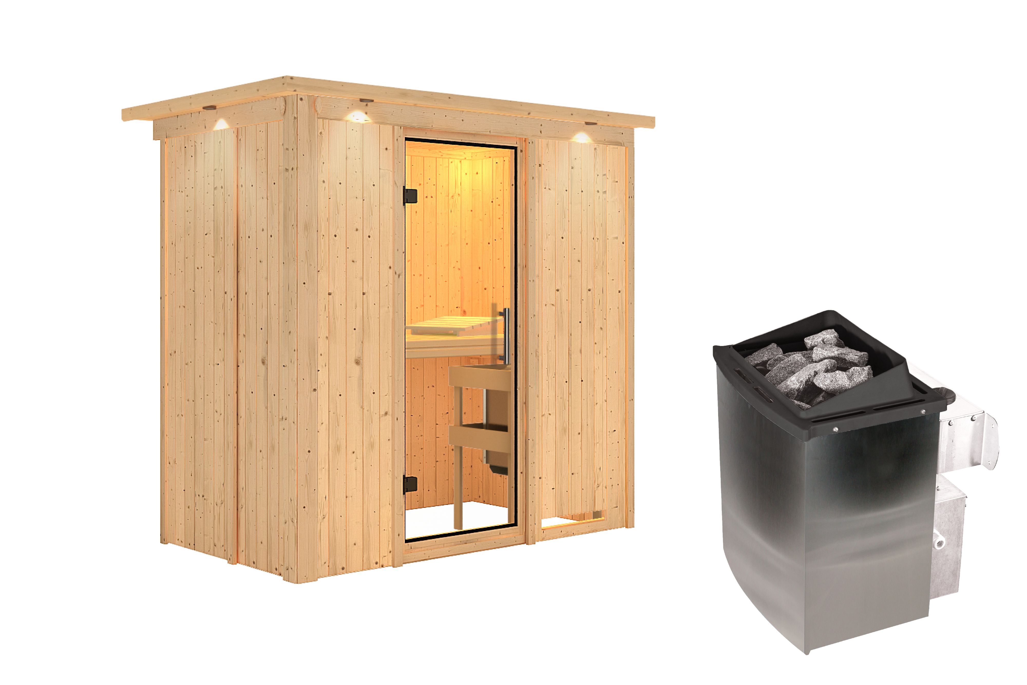 Innenansicht der Karibu Sauna Variado mit Liegen und Kopfstütze aus hellem Espenholz