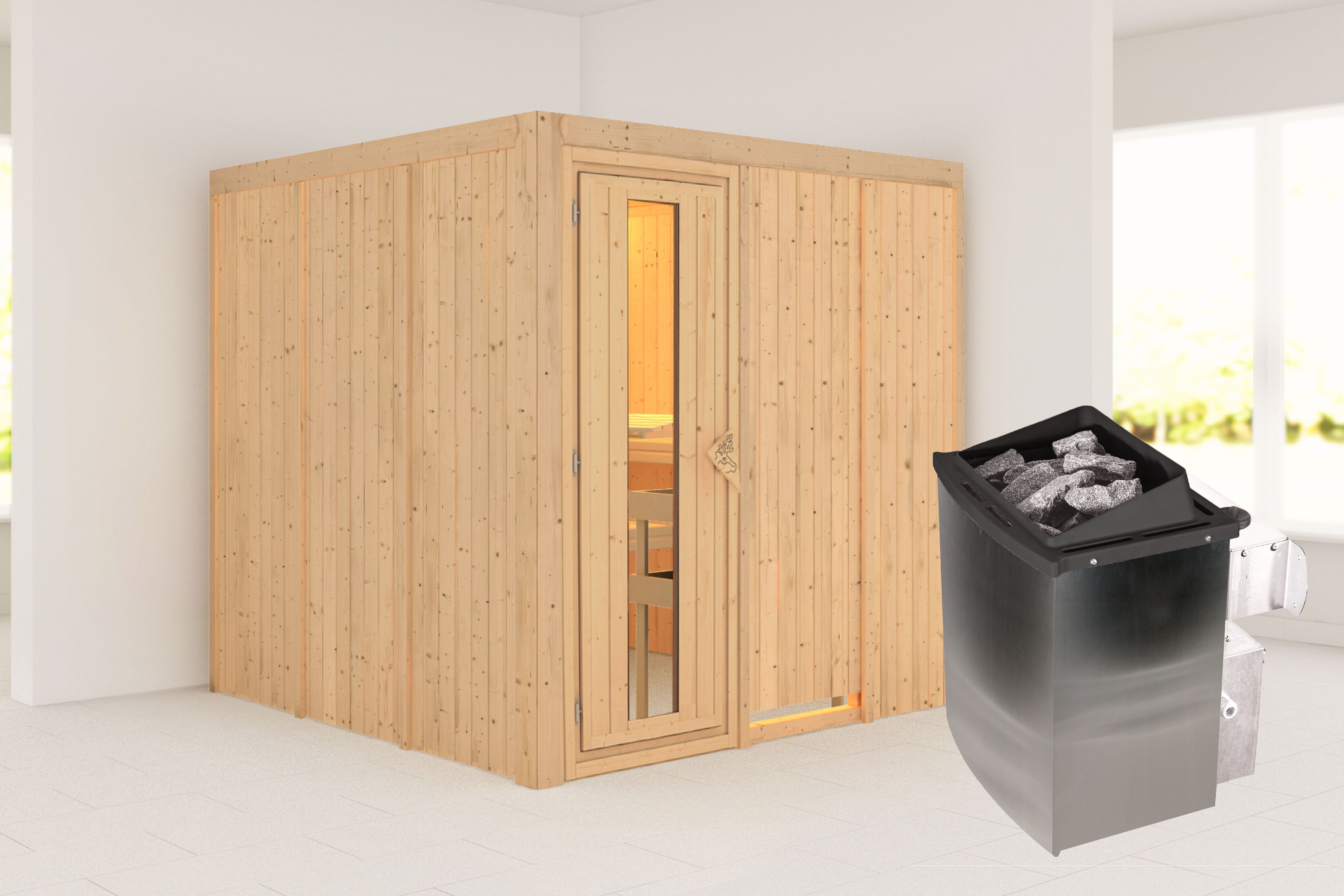 Außenansicht der Karibu Sauna Rodin aus nordischer Fichte mit isolierter Holztür und Fronteinstieg