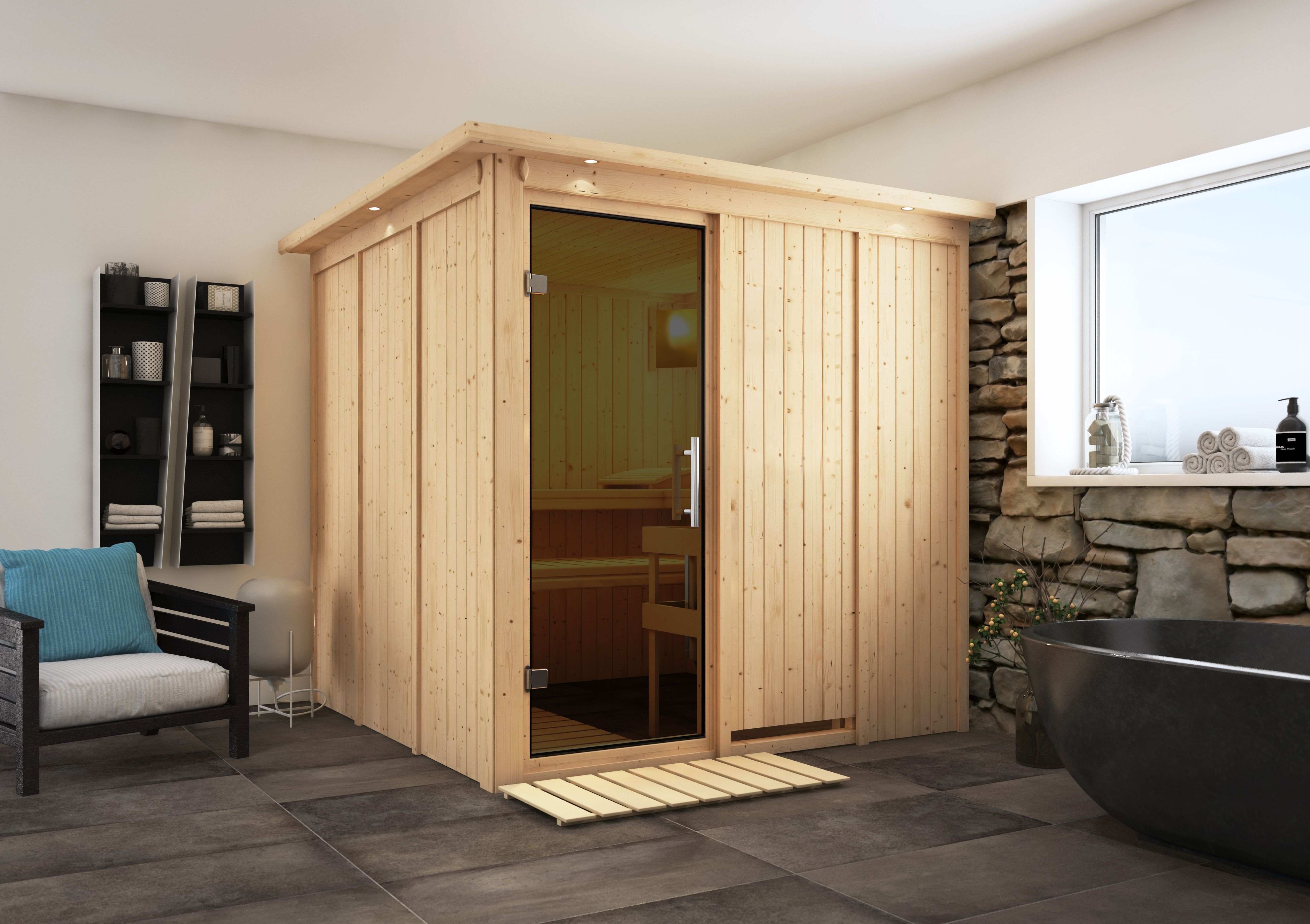 Karibu Sauna Rodin als stimmungsvoller Wellnessbereich in einem modern eingerichteten Wohnraum