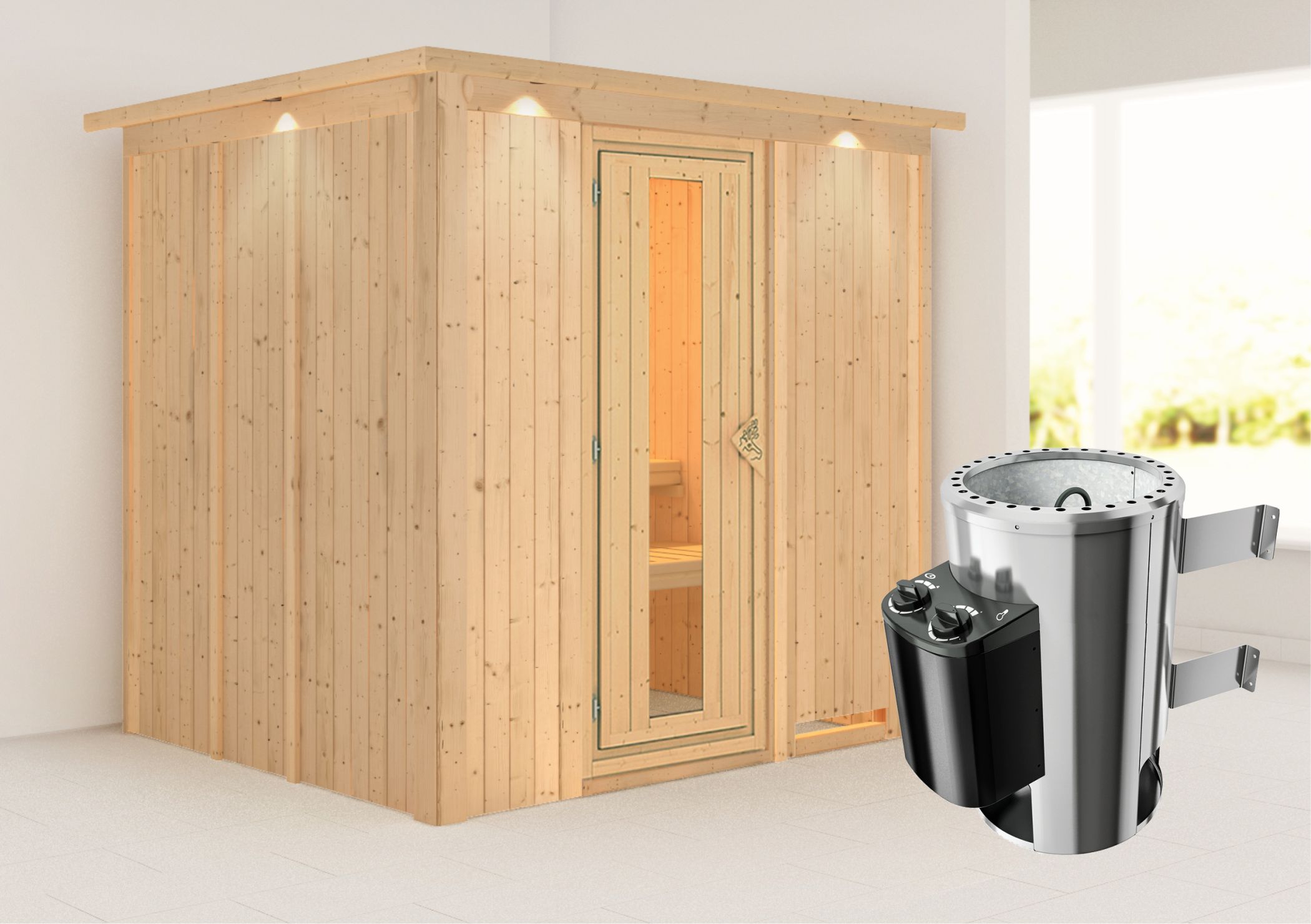 Außenansicht der Karibu Sauna Daria aus nordischer Fichte mit Ganzglastür und Fronteinstieg