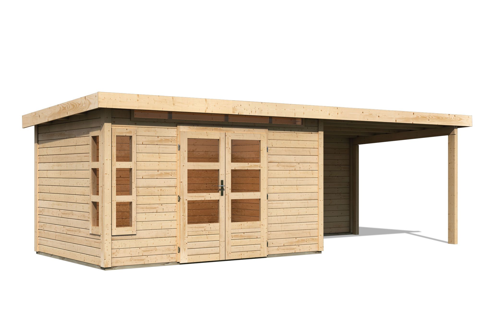 Karibu Gartenhaus Kastorf 7 in Naturbelassen und Anbaudach, Freisteller
