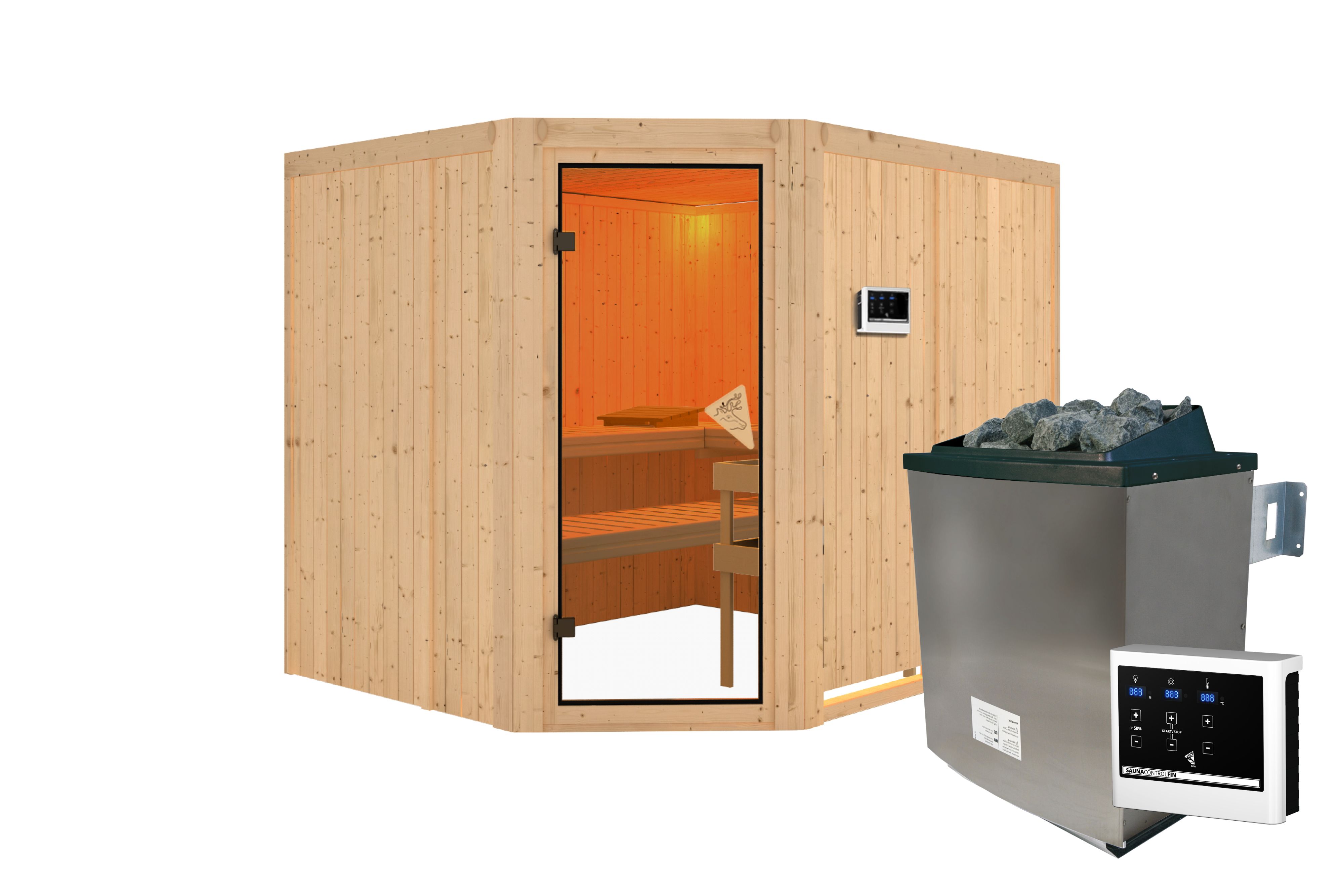 Innenansicht der Karibu Sauna Malin mit Liegen und Kopfstütze aus hellem Espenholz