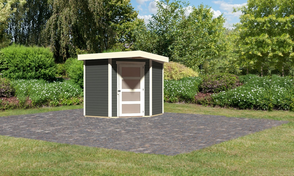 Karibu Gerätehaus Schwandorf 3 in Terragrau, Außenansicht