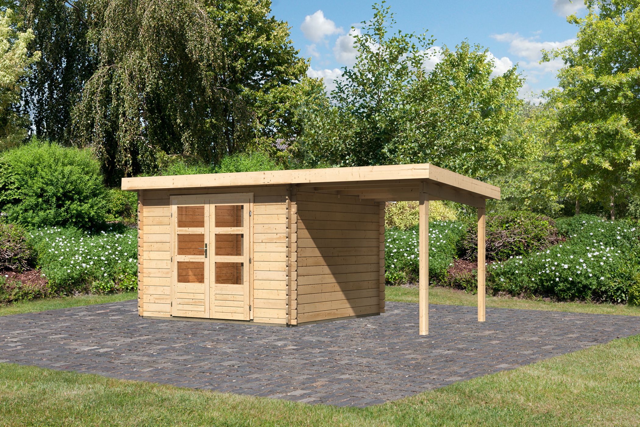 Karibu Gartenhaus Bastrup 5 in Naturbelassen und Anbaudach, Außenansicht