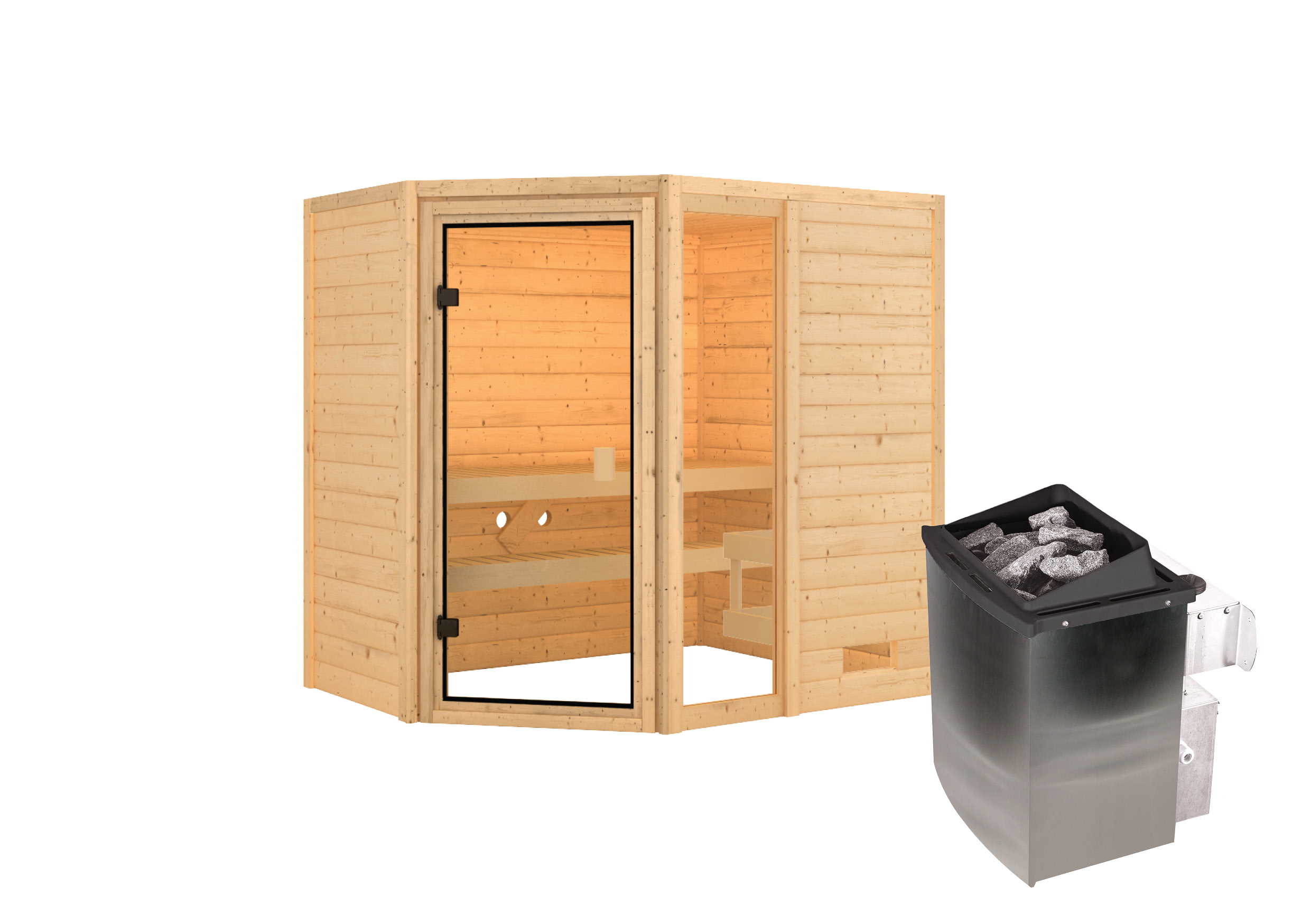 Innenansicht der Karibu Sauna Valida 2 Eckeinstieg mit Fenster mit Liegen und Kopfstütze aus hellem Espenholz