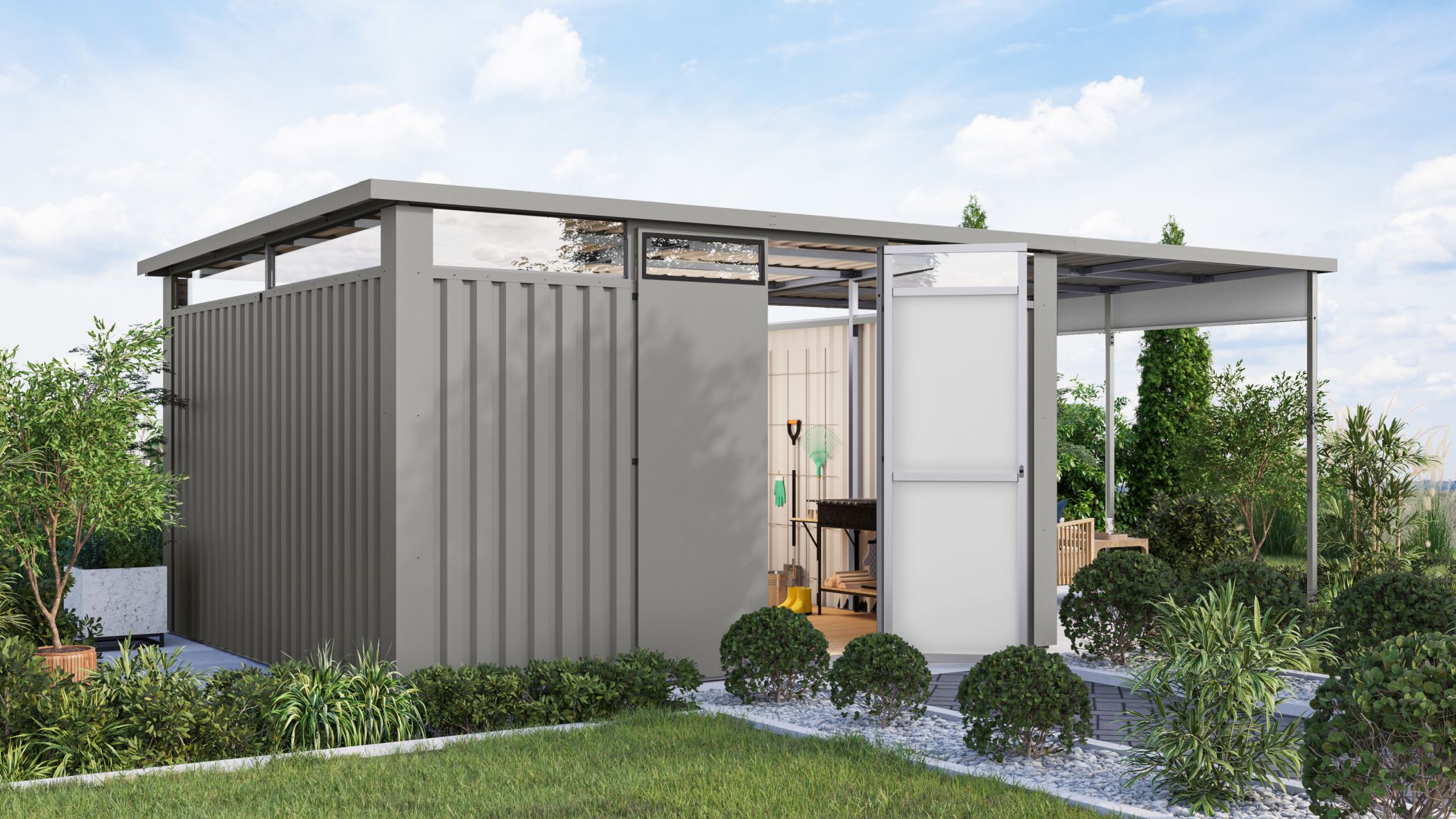 Metallhaus Østen 4 im Set mit Anbaudach 2,25 m graualuminium / Lagerabverkauf