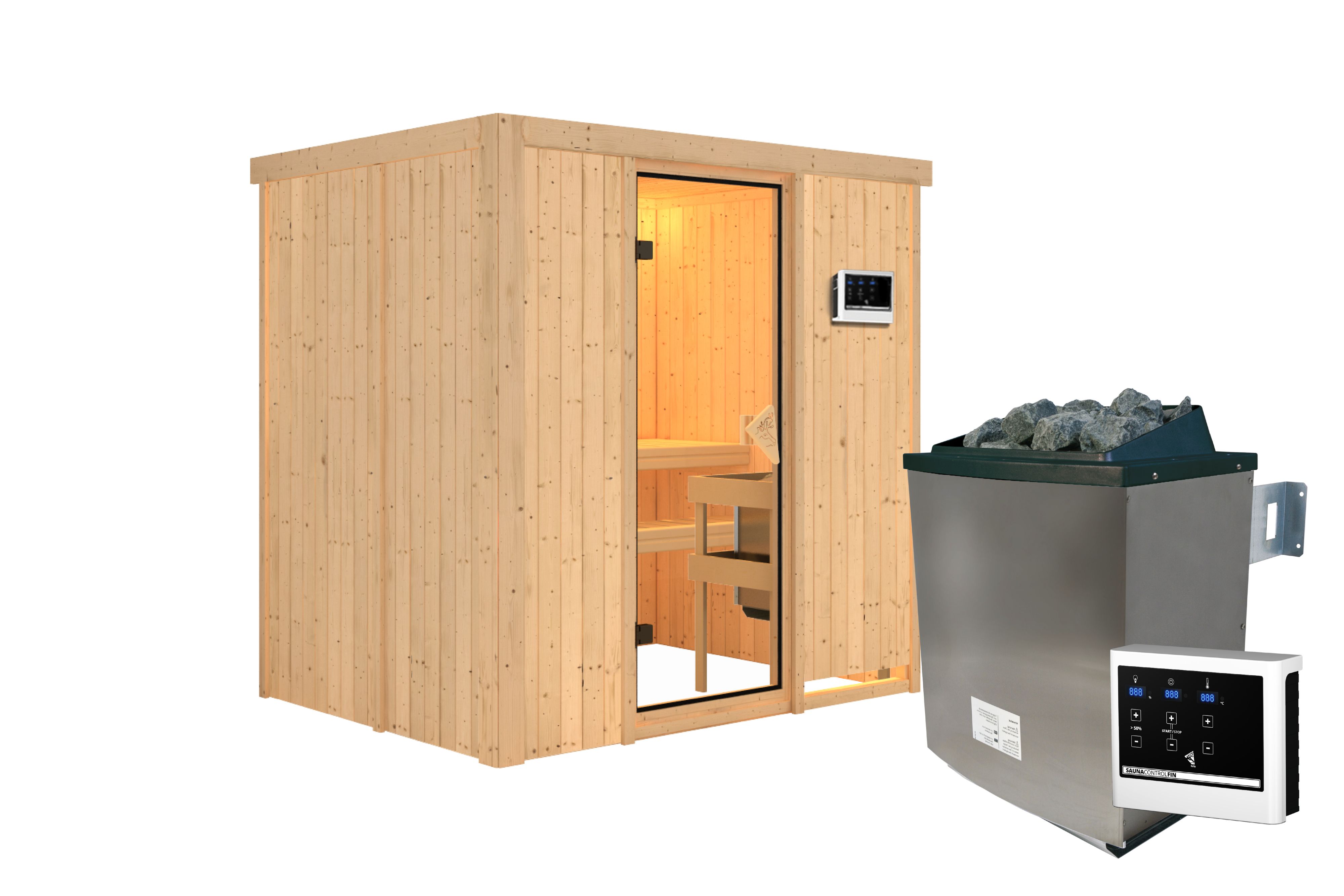 Innenansicht der Karibu Sauna Bodin mit Liegen und Kopfstütze aus hellem Espenholz