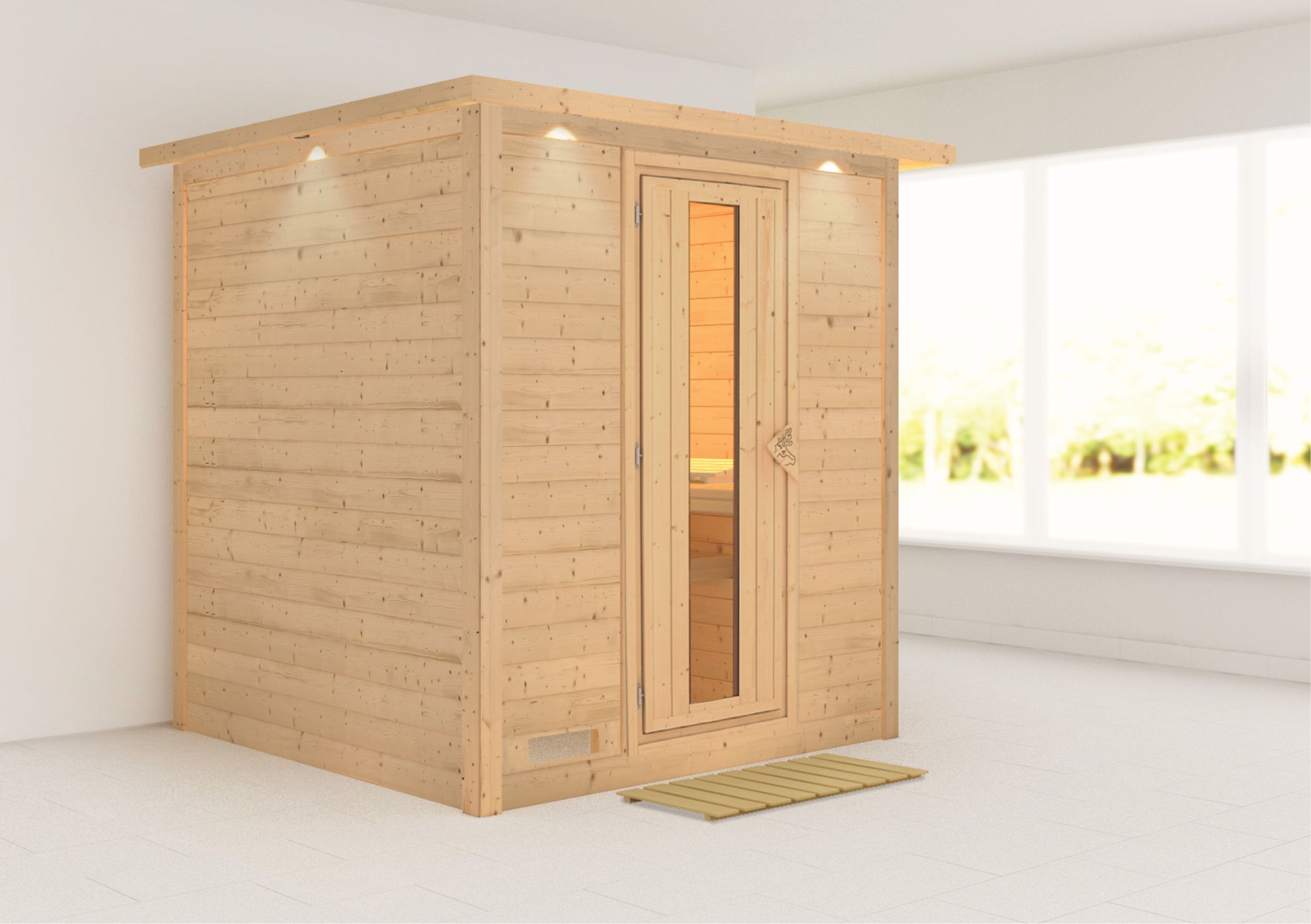 Außenansicht der Karibu Sauna Mojave aus nordischer Fichte mit isolierter Holztür und Fronteinstieg