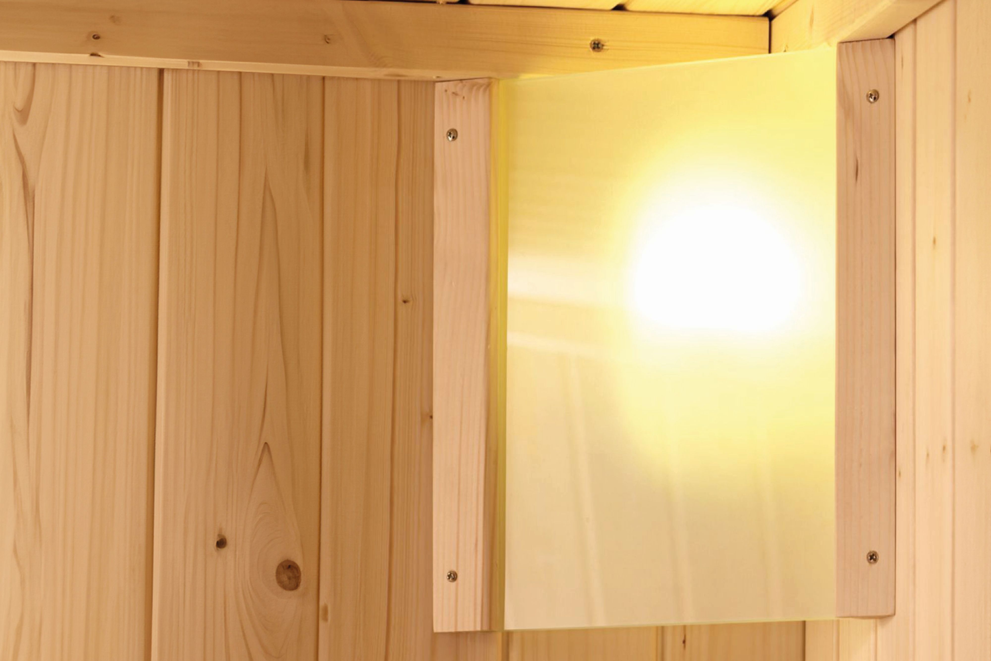 Außenansicht der Karibu Sauna Homer aus nordischer Fichte mit Ganzglastür und Fronteinstieg